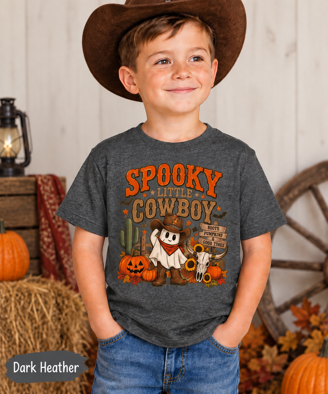 Spooky Little Cowboy Kids Shirt, Western Halloween Tee, Pumpkin Cowboy Ghost Shirt