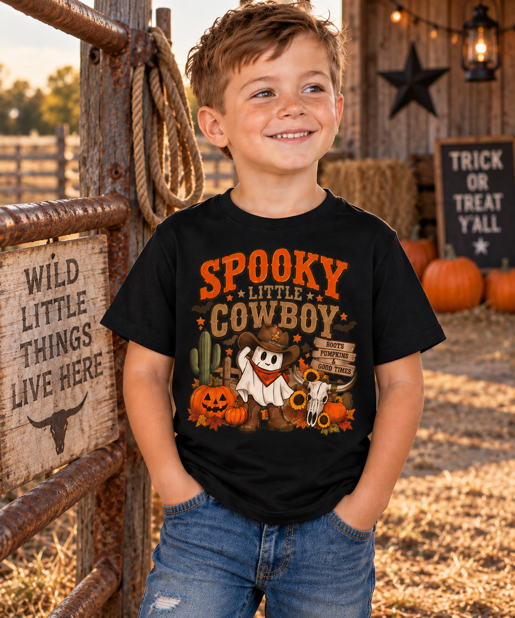 Spooky Little Cowboy Kids Shirt, Western Halloween Tee, Pumpkin Cowboy Ghost Shirt