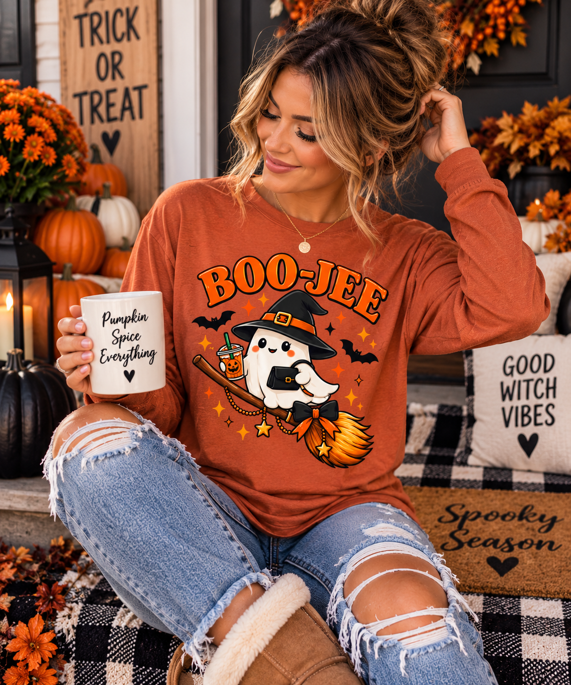 Boo-Jee Ghost Long Sleeve Shirt, Cute Halloween Coffee Tee, Witchy Fall Shirt