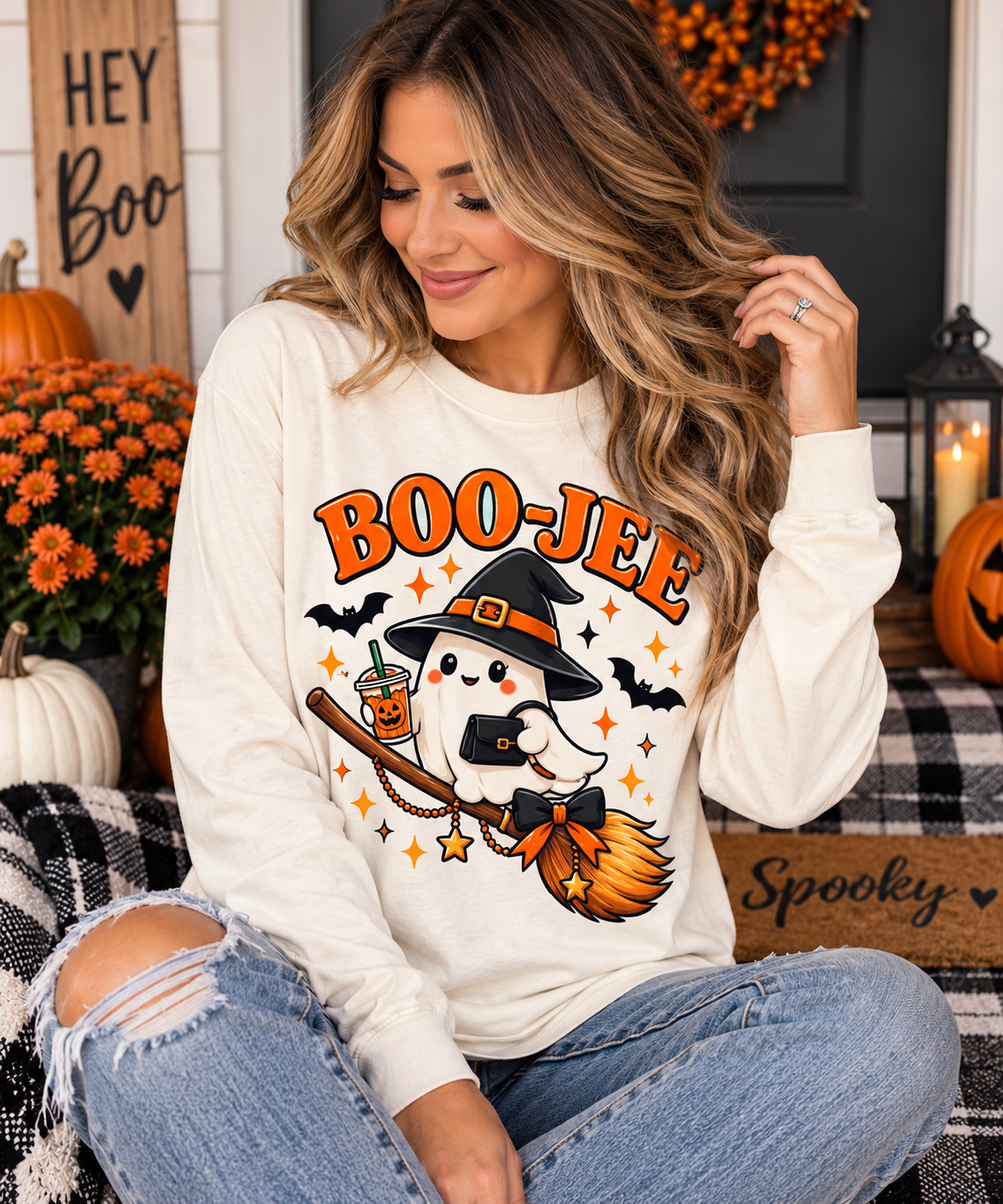 Boo-Jee Ghost Long Sleeve Shirt, Cute Halloween Coffee Tee, Witchy Fall Shirt