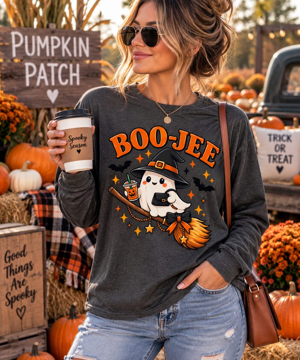 Boo-Jee Ghost Long Sleeve Shirt, Cute Halloween Coffee Tee, Witchy Fall Shirt