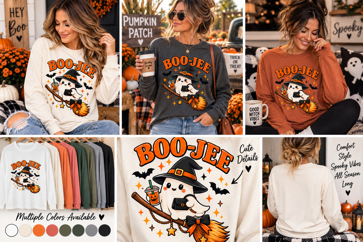 Boo-Jee Ghost Long Sleeve Shirt, Cute Halloween Coffee Tee, Witchy Fall Shirt