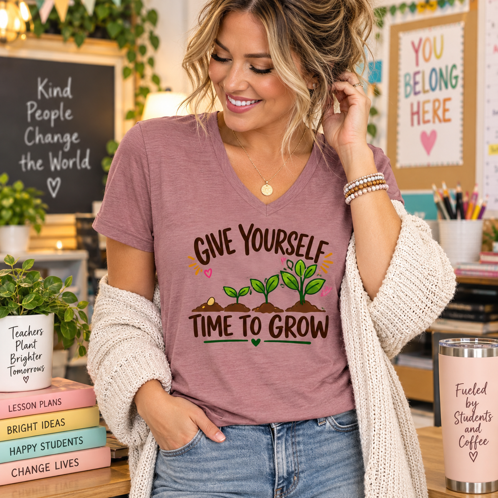 Give Yourself Time to Grow Teacher Shirt | Growth Mindset V-Neck Tee | Inspirational Sprout Graphic | Teacher Appreciation Gift