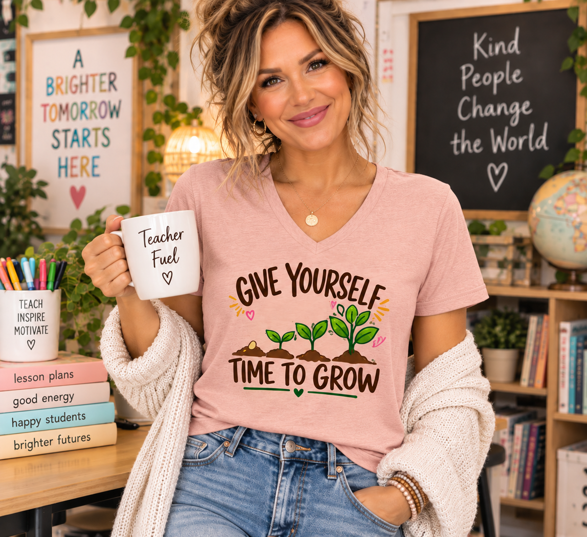 Give Yourself Time to Grow Teacher Shirt | Growth Mindset V-Neck Tee | Inspirational Sprout Graphic | Teacher Appreciation Gift