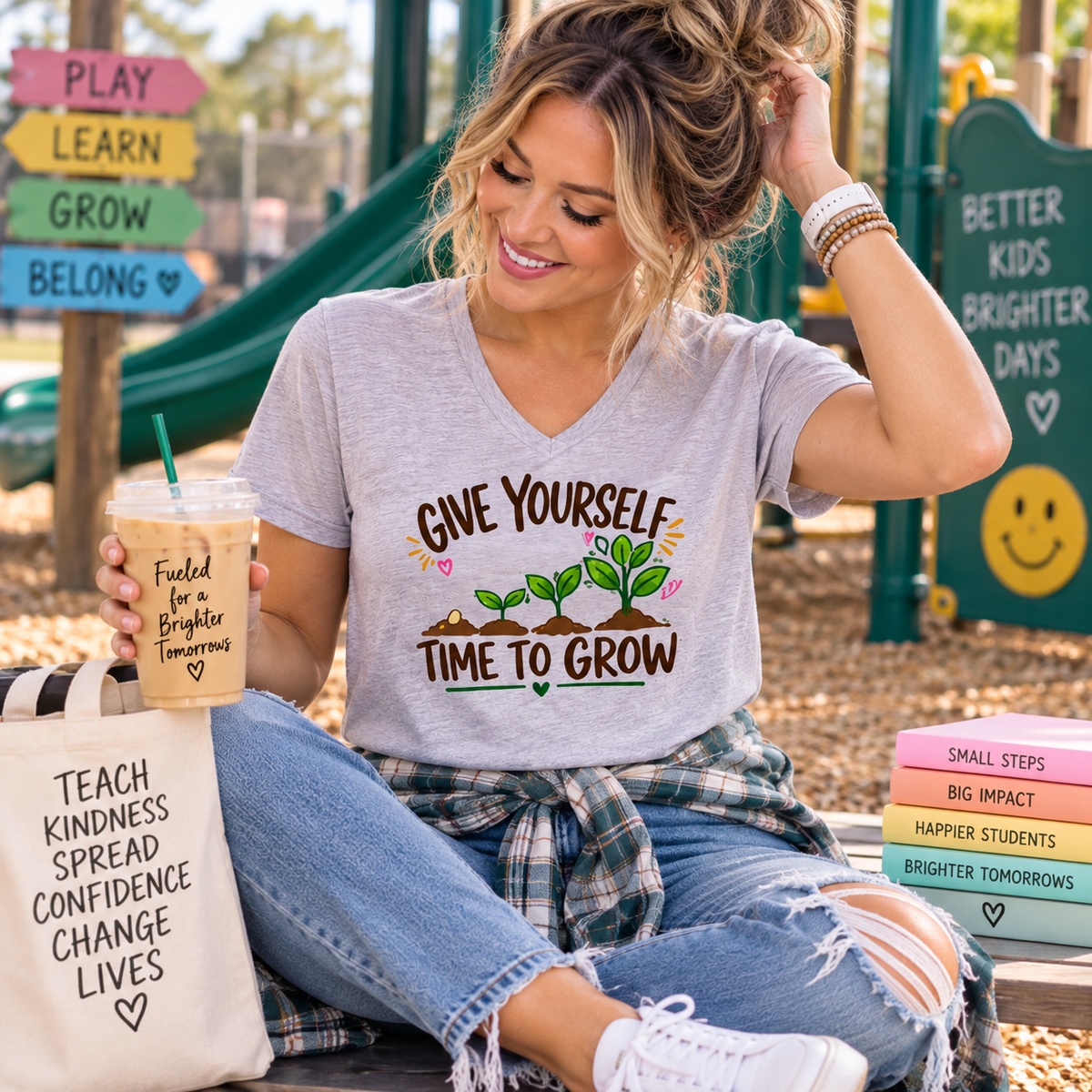 Give Yourself Time to Grow Teacher Shirt | Growth Mindset V-Neck Tee | Inspirational Sprout Graphic | Teacher Appreciation Gift