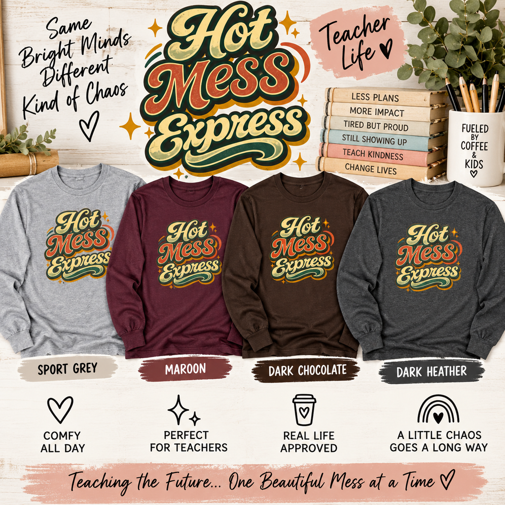 Hot Mess Express Teacher Long Sleeve Shirt | Funny Teacher Shirt | Classroom Chaos Teacher Gift