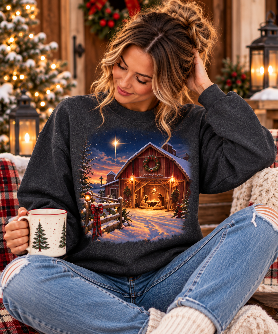 Christmas Nativity Sweatshirt, Country Christmas Crewneck, Manger Barn Scene, Christian Christmas Shirt, Faith Holiday Gift