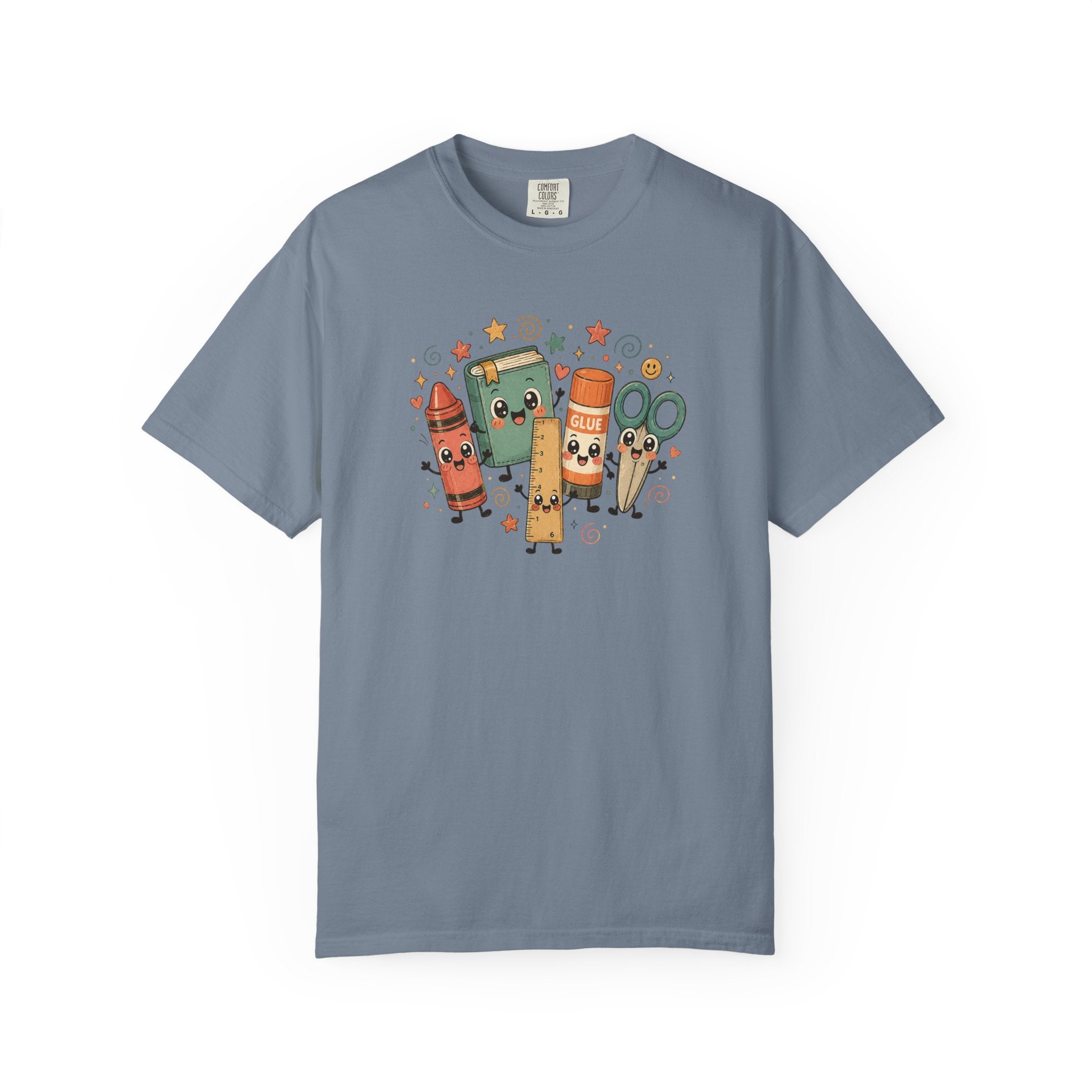 Cute Teacher Doodle Shirt | Kawaii School Supplies Tee | Happy Crayon Book Glue Scissors | Back to School Teacher Gift | Classroom Graphic Tee