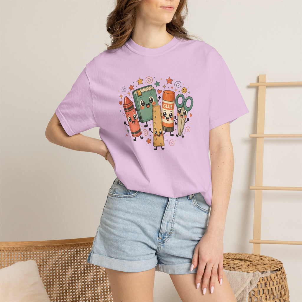 Cute Teacher Doodle Shirt | Kawaii School Supplies Tee | Happy Crayon Book Glue Scissors | Back to School Teacher Gift | Classroom Graphic Tee