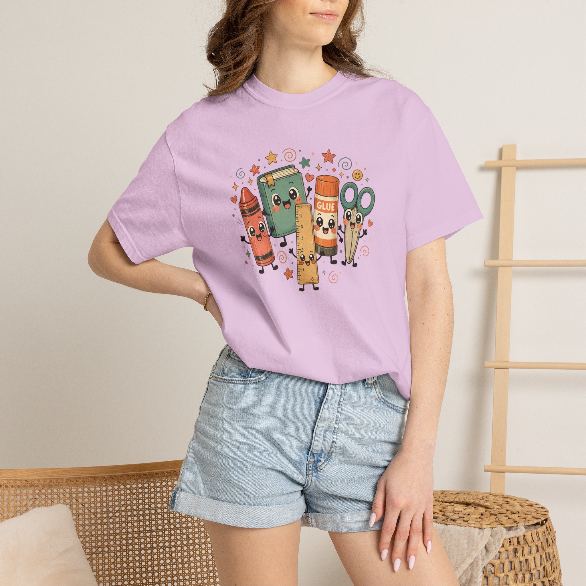 Cute Teacher Doodle Shirt | Kawaii School Supplies Tee | Happy Crayon Book Glue Scissors | Back to School Teacher Gift | Classroom Graphic Tee