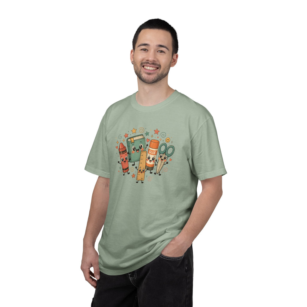 Cute Teacher Doodle Shirt | Kawaii School Supplies Tee | Happy Crayon Book Glue Scissors | Back to School Teacher Gift | Classroom Graphic Tee