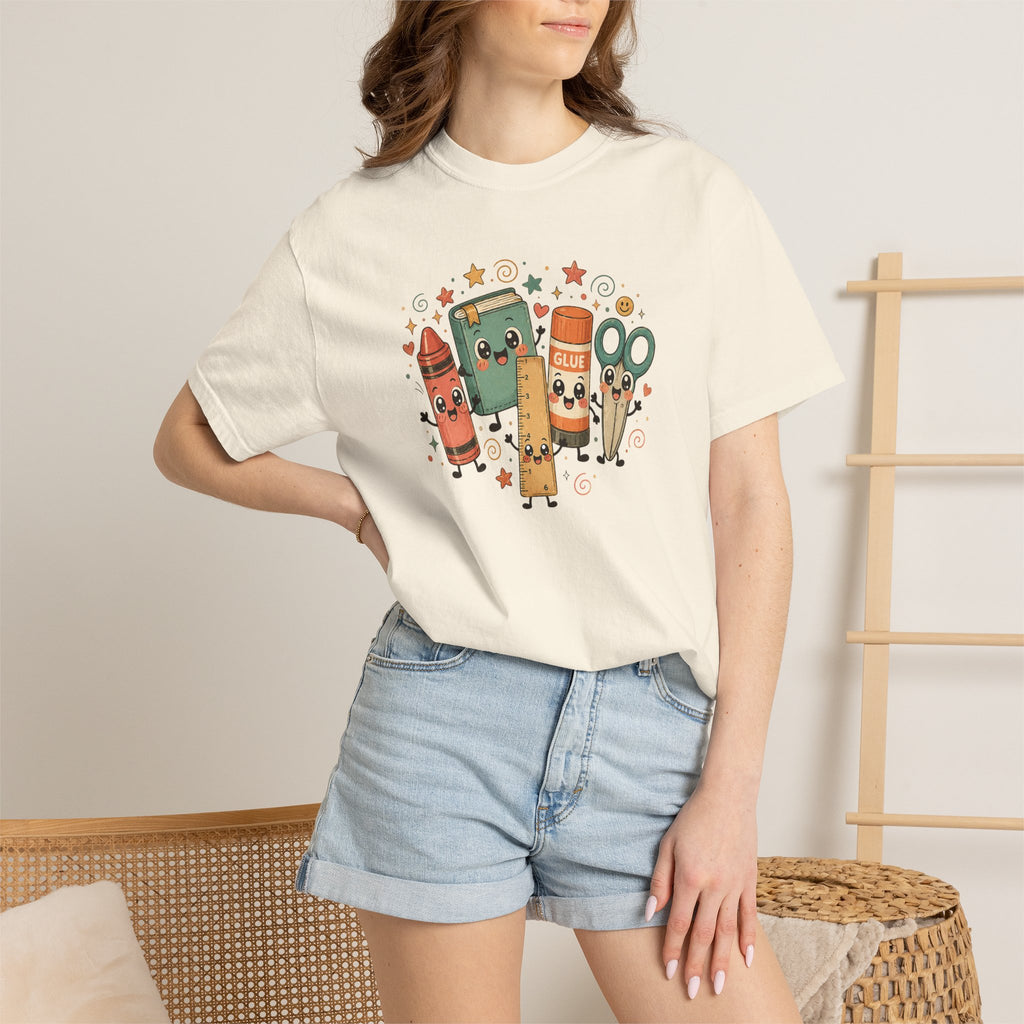 Cute Teacher Doodle Shirt | Kawaii School Supplies Tee | Happy Crayon Book Glue Scissors | Back to School Teacher Gift | Classroom Graphic Tee