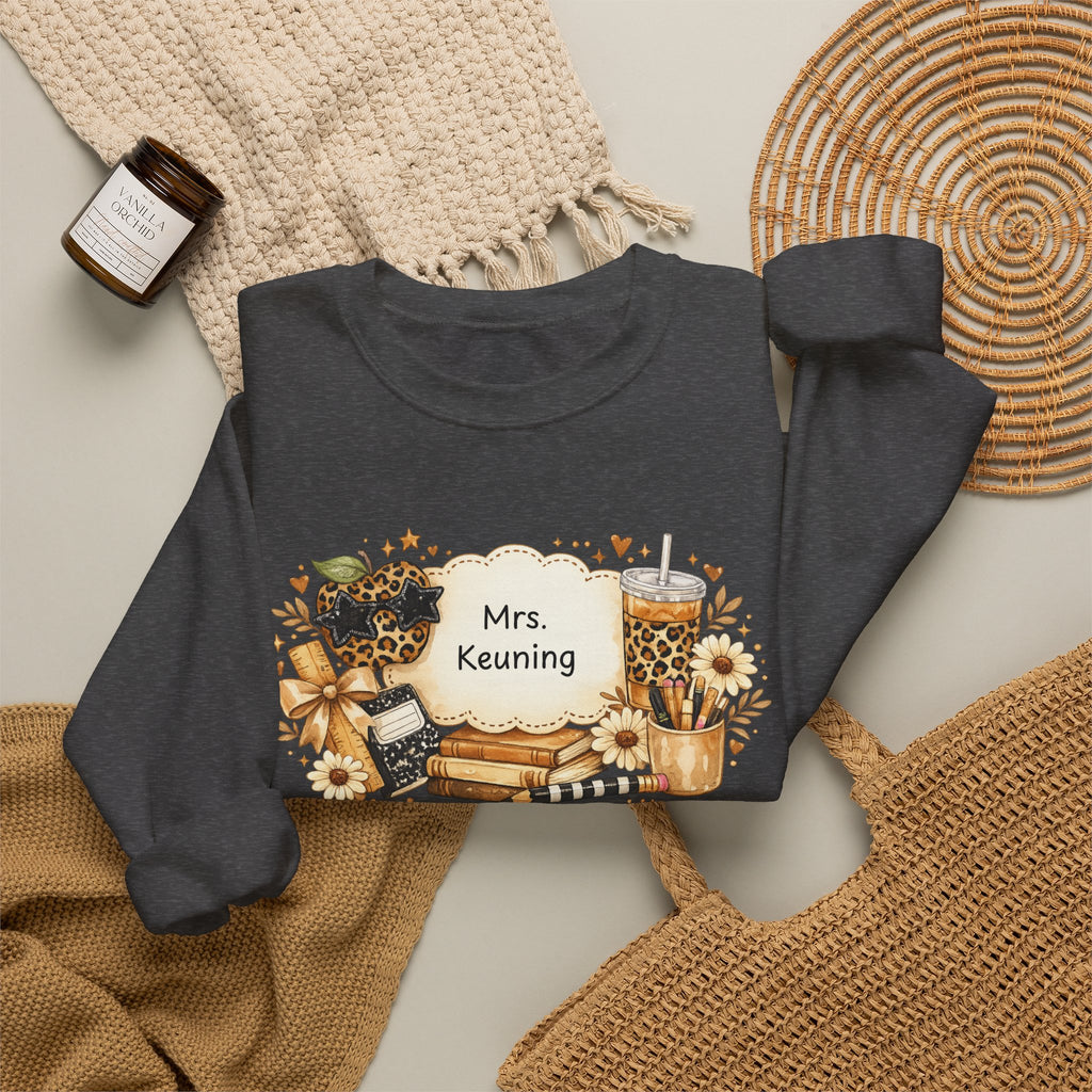 Personalized Teacher Sweatshirt | Custom Teacher Name Crewneck | Leopard Apple & Coffee Teacher Sweatshirt | Back to School Teacher Gift