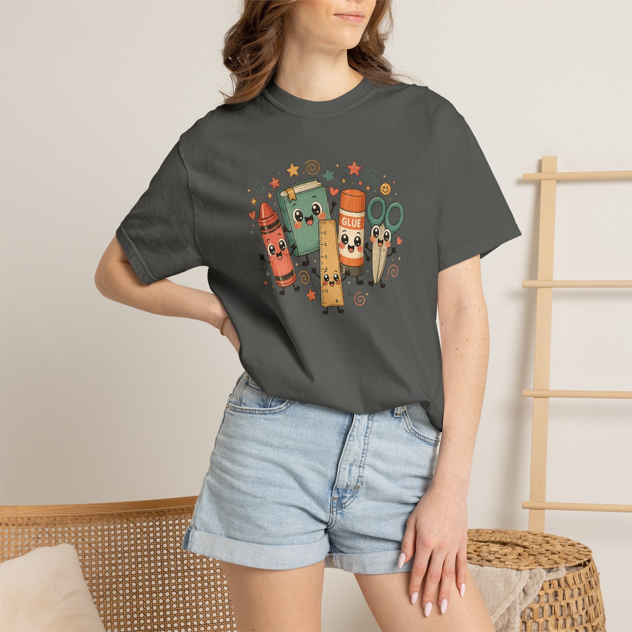 Cute Teacher Doodle Shirt | Kawaii School Supplies Tee | Happy Crayon Book Glue Scissors | Back to School Teacher Gift | Classroom Graphic Tee