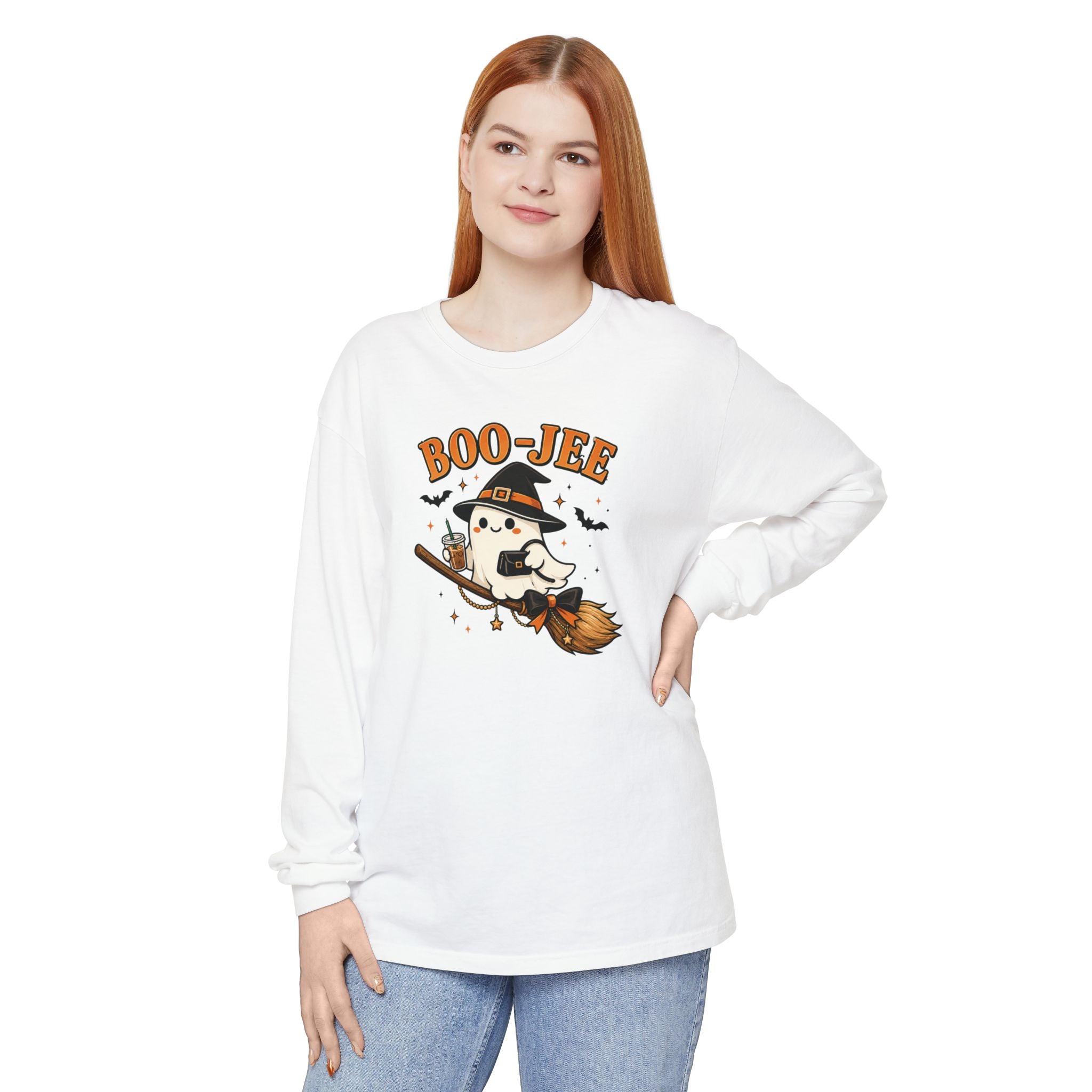 BOO-JEE Ghost Shirt | Cute Witch Ghost Riding Broom Coffee Halloween Graphic Tee | Spooky Season Comfort Colors T-Shirt