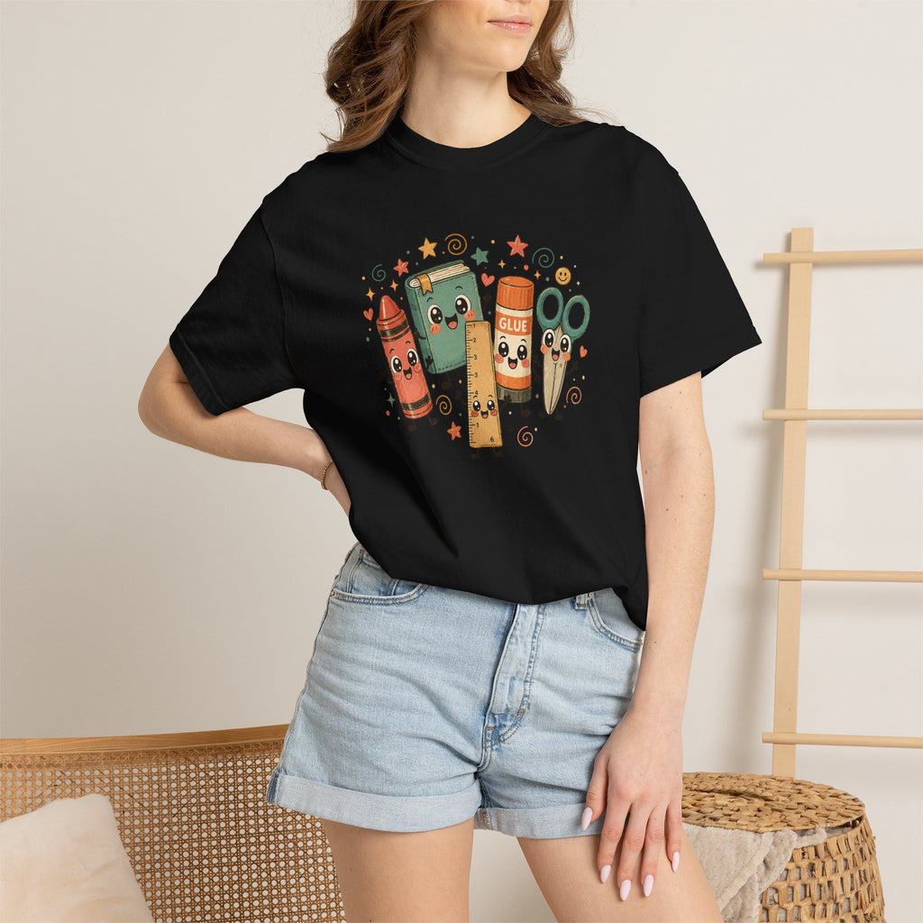 Cute Teacher Doodle Shirt | Kawaii School Supplies Tee | Happy Crayon Book Glue Scissors | Back to School Teacher Gift | Classroom Graphic Tee