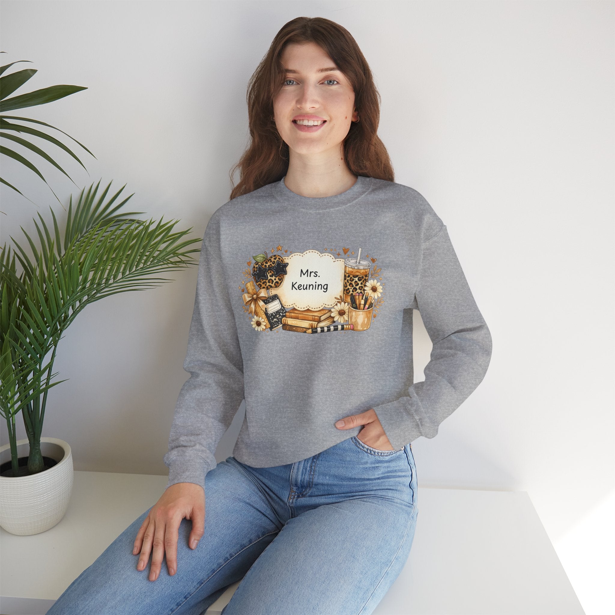 Personalized Teacher Sweatshirt | Custom Teacher Name Crewneck | Leopard Apple & Coffee Teacher Sweatshirt | Back to School Teacher Gift