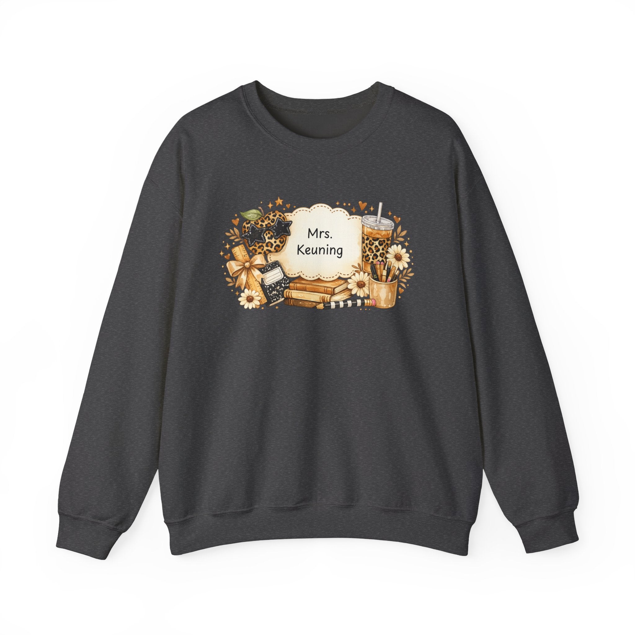 Personalized Teacher Sweatshirt | Custom Teacher Name Crewneck | Leopard Apple & Coffee Teacher Sweatshirt | Back to School Teacher Gift