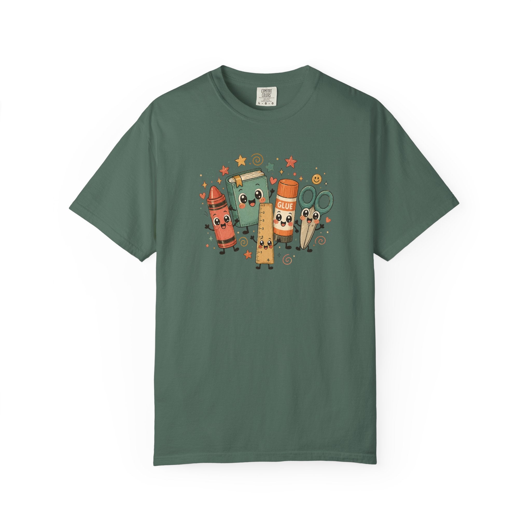 Cute Teacher Doodle Shirt | Kawaii School Supplies Tee | Happy Crayon Book Glue Scissors | Back to School Teacher Gift | Classroom Graphic Tee