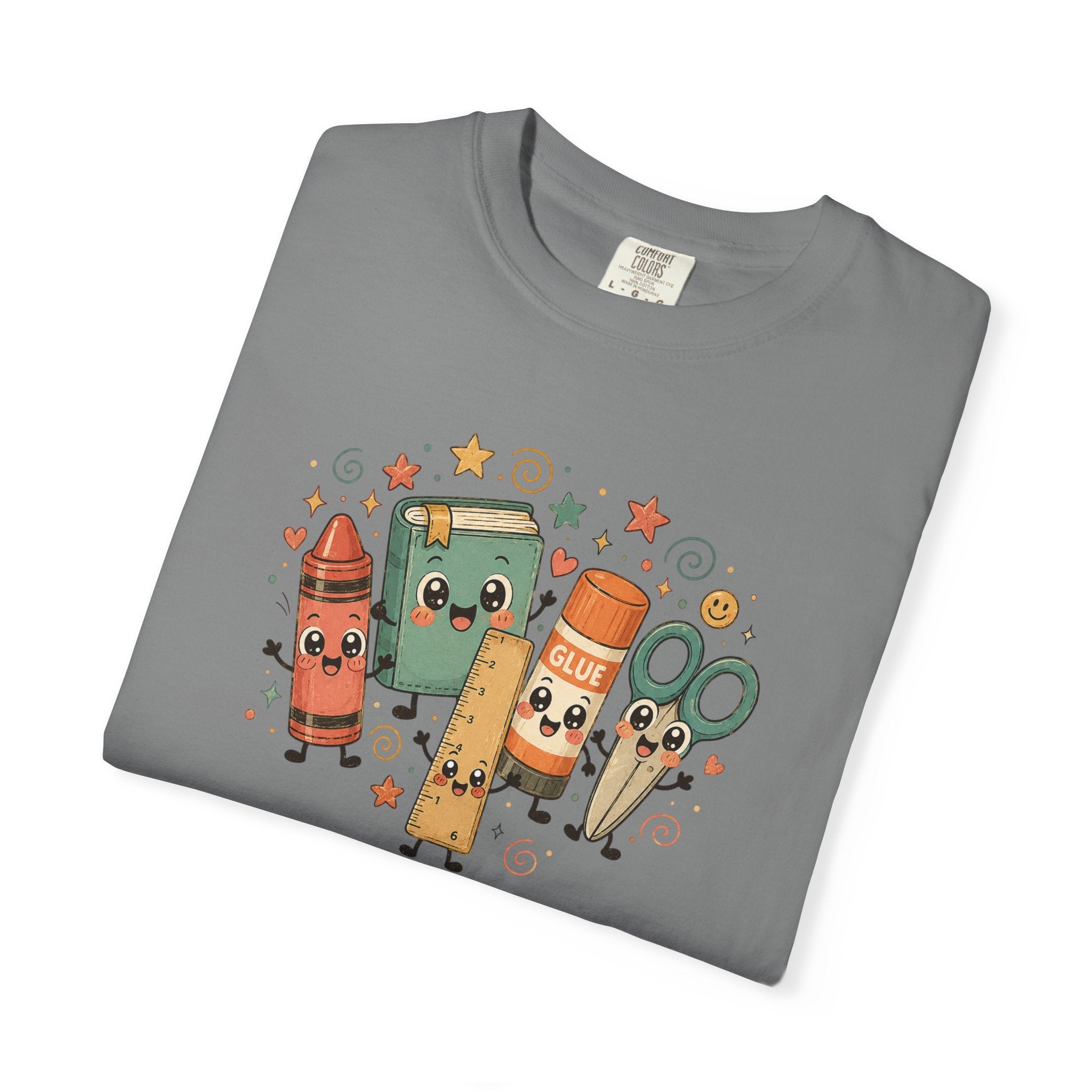Cute Teacher Doodle Shirt | Kawaii School Supplies Tee | Happy Crayon Book Glue Scissors | Back to School Teacher Gift | Classroom Graphic Tee