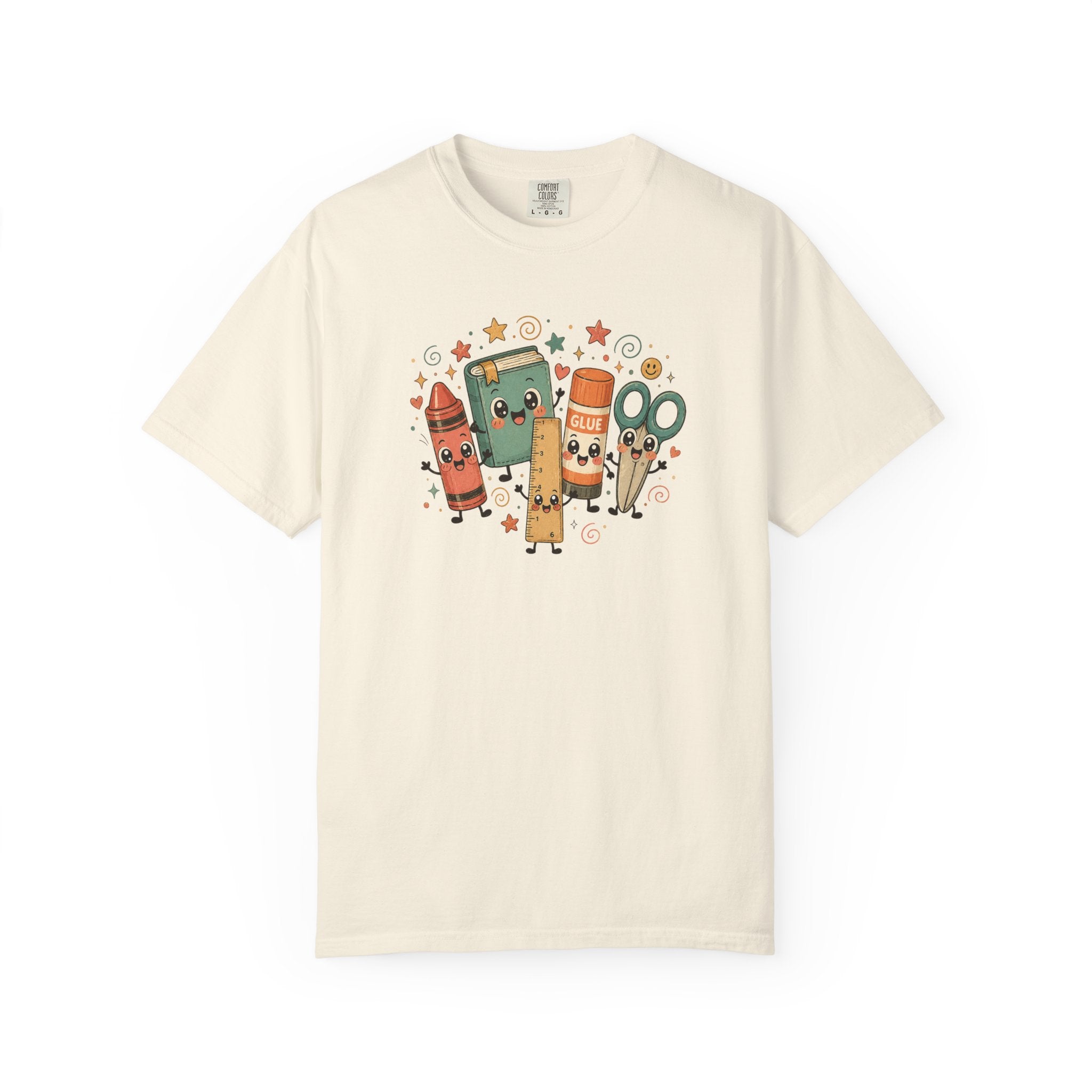 Cute Teacher Doodle Shirt | Kawaii School Supplies Tee | Happy Crayon Book Glue Scissors | Back to School Teacher Gift | Classroom Graphic Tee