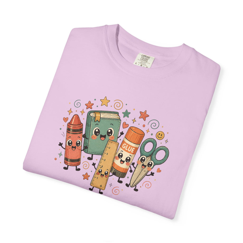 Cute Teacher Doodle Shirt | Kawaii School Supplies Tee | Happy Crayon Book Glue Scissors | Back to School Teacher Gift | Classroom Graphic Tee