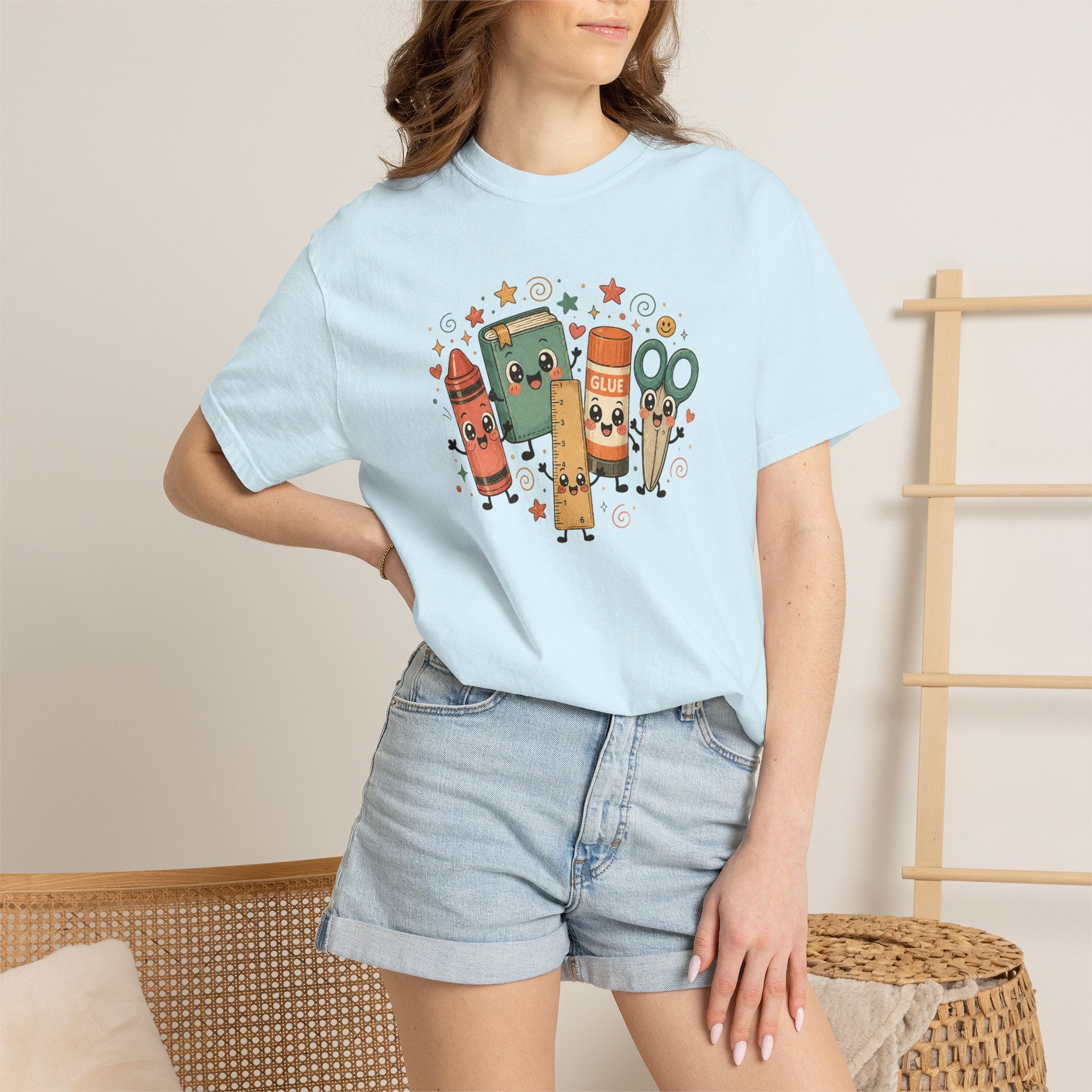 Cute Teacher Doodle Shirt | Kawaii School Supplies Tee | Happy Crayon Book Glue Scissors | Back to School Teacher Gift | Classroom Graphic Tee