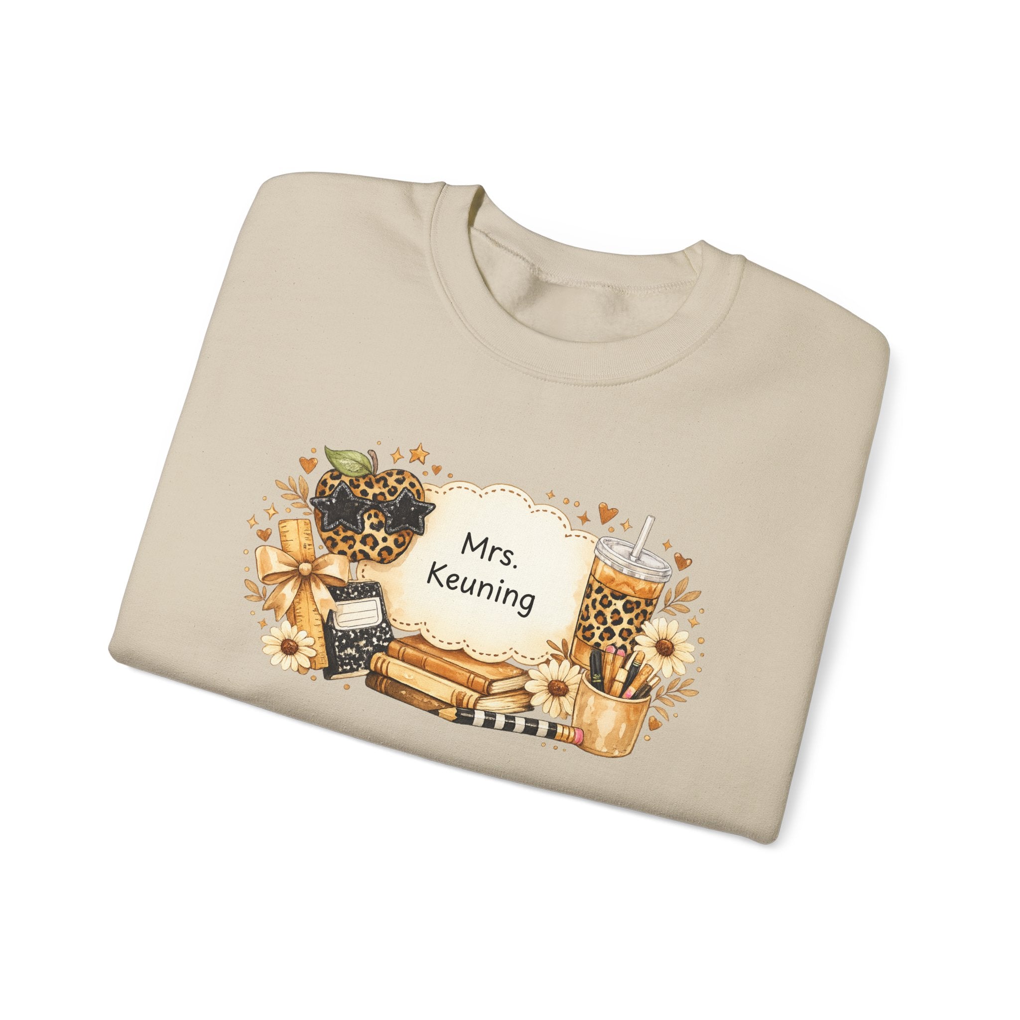 Personalized Teacher Sweatshirt | Custom Teacher Name Crewneck | Leopard Apple & Coffee Teacher Sweatshirt | Back to School Teacher Gift