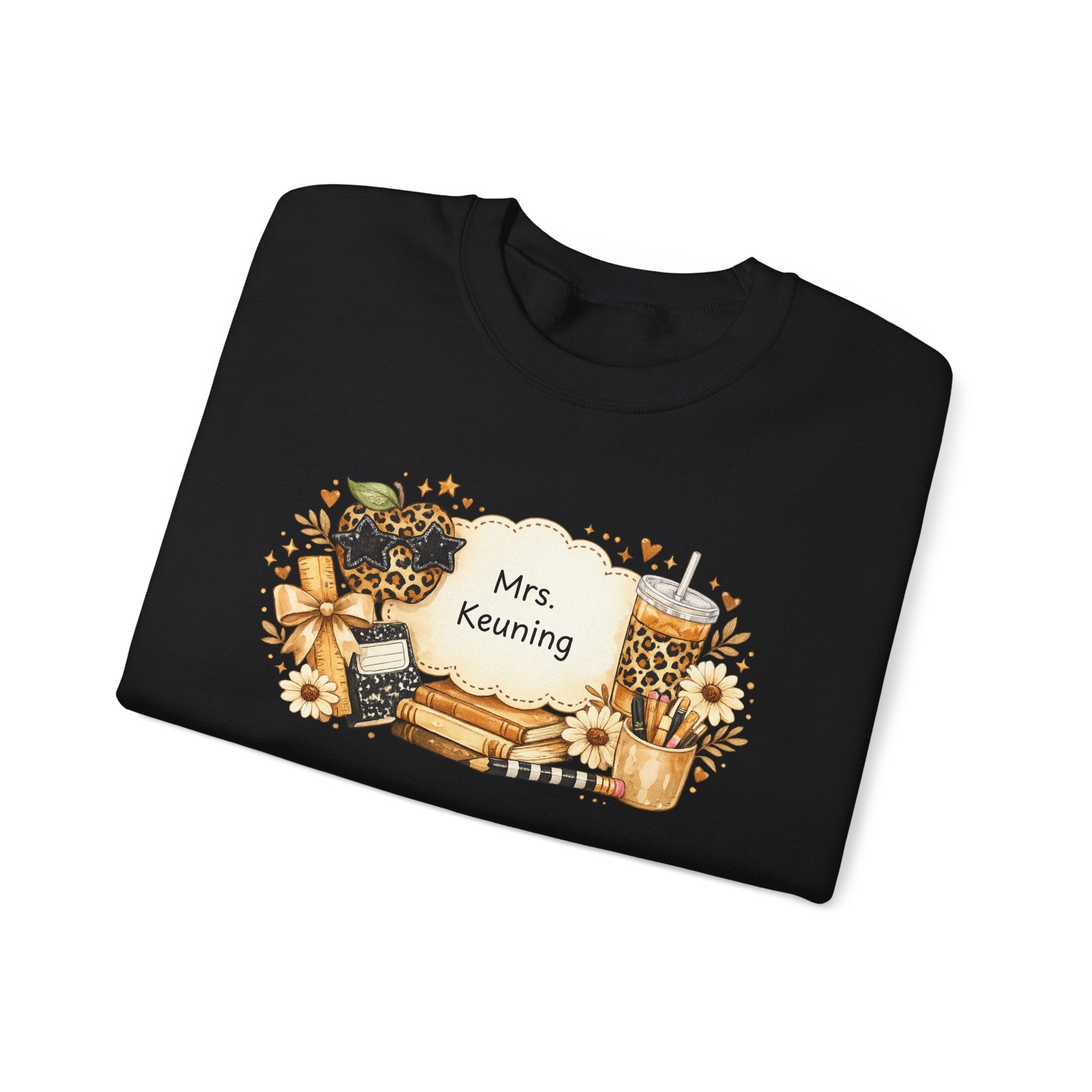 Personalized Teacher Sweatshirt | Custom Teacher Name Crewneck | Leopard Apple & Coffee Teacher Sweatshirt | Back to School Teacher Gift