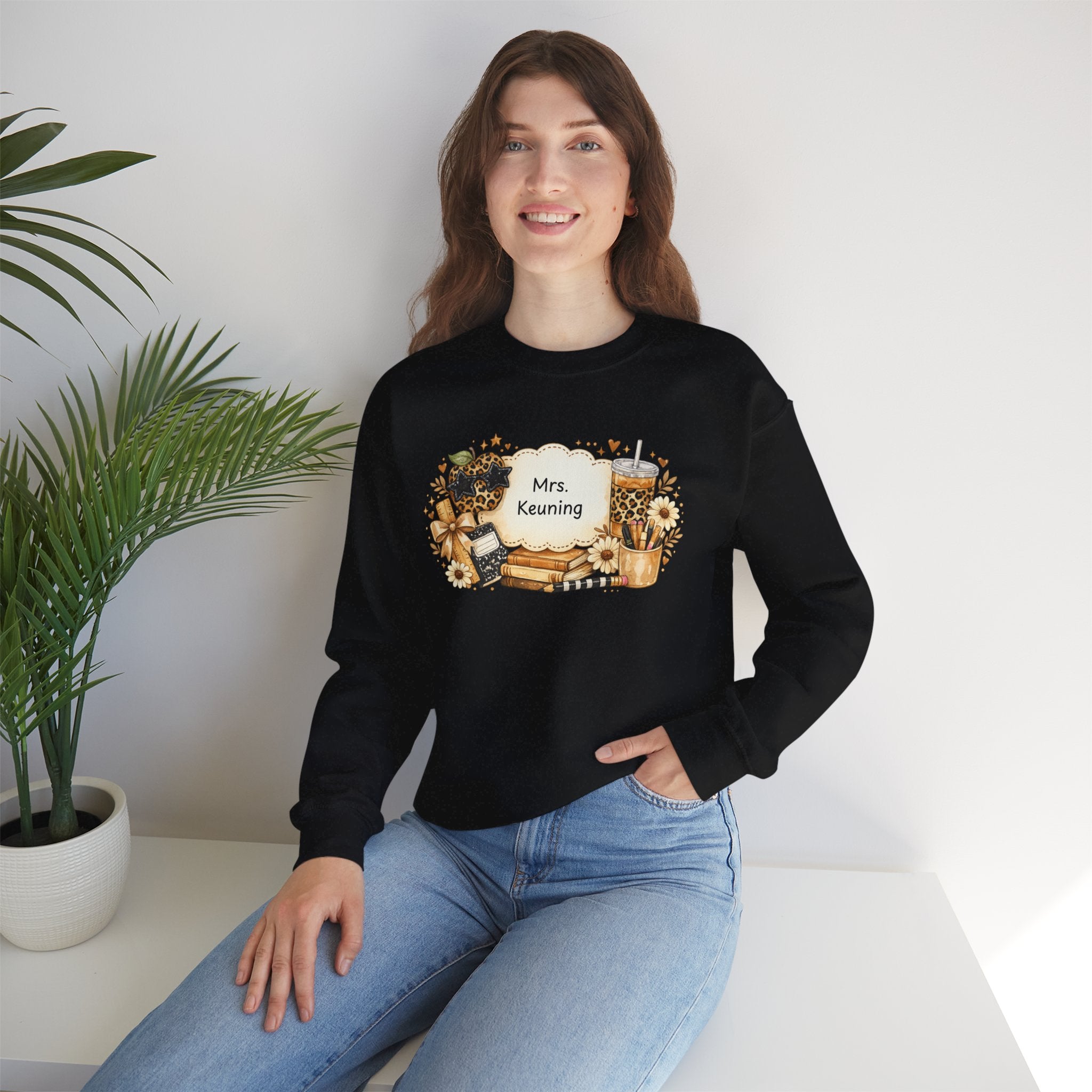 Personalized Teacher Sweatshirt | Custom Teacher Name Crewneck | Leopard Apple & Coffee Teacher Sweatshirt | Back to School Teacher Gift