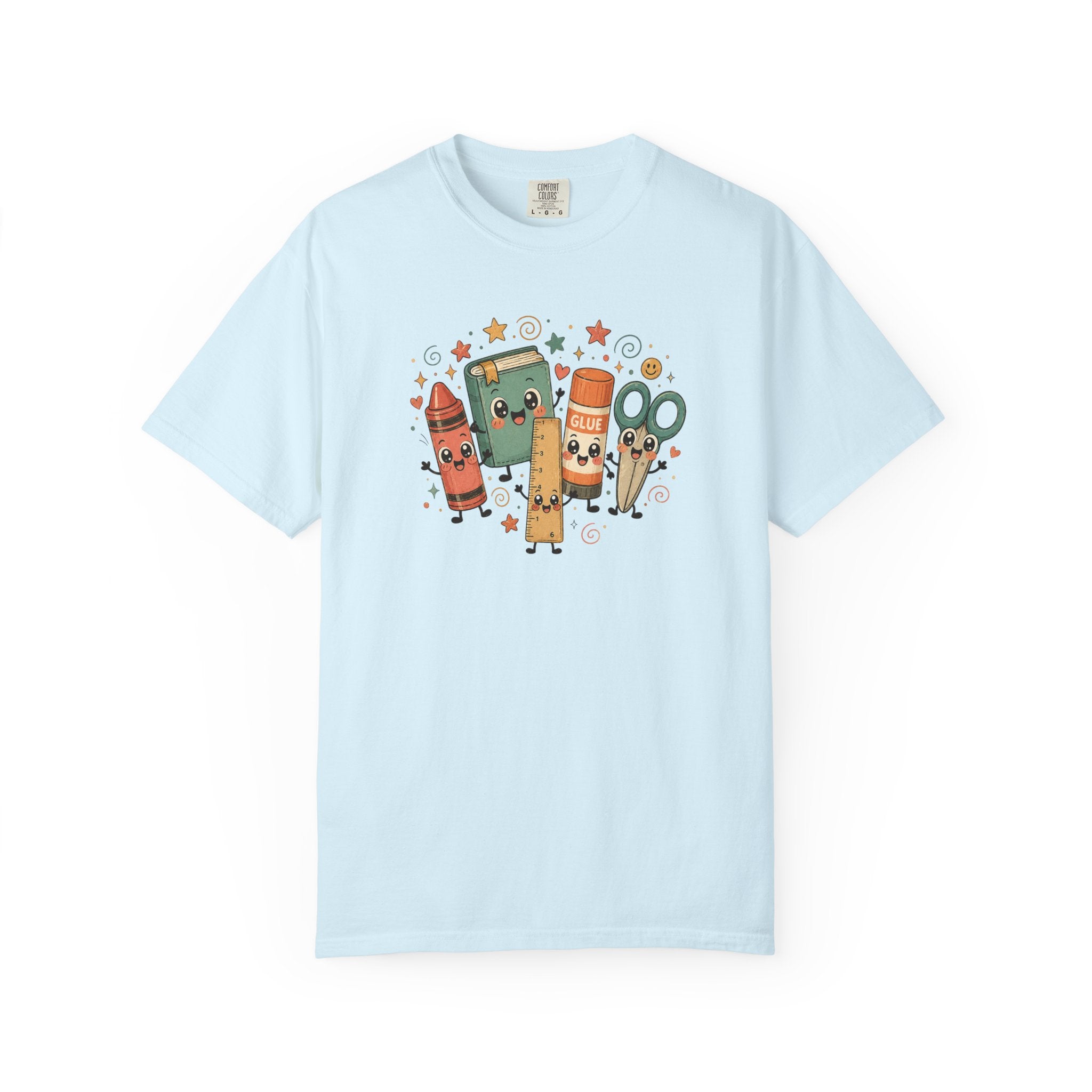 Cute Teacher Doodle Shirt | Kawaii School Supplies Tee | Happy Crayon Book Glue Scissors | Back to School Teacher Gift | Classroom Graphic Tee