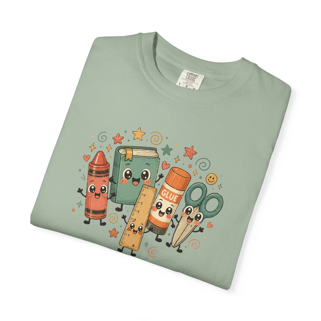 Cute Teacher Doodle Shirt | Kawaii School Supplies Tee | Happy Crayon Book Glue Scissors | Back to School Teacher Gift | Classroom Graphic Tee