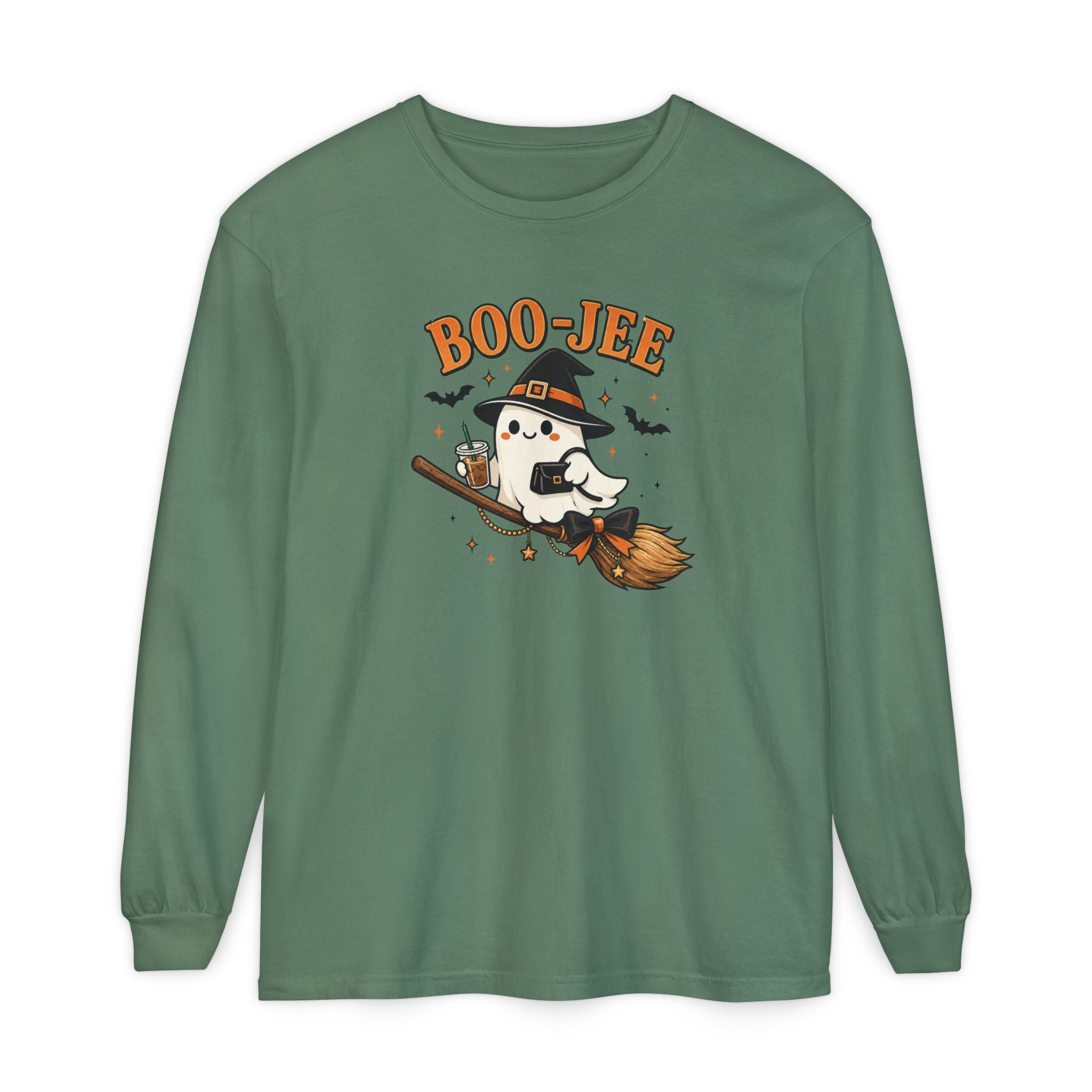 BOO-JEE Ghost Shirt | Cute Witch Ghost Riding Broom Coffee Halloween Graphic Tee | Spooky Season Comfort Colors T-Shirt