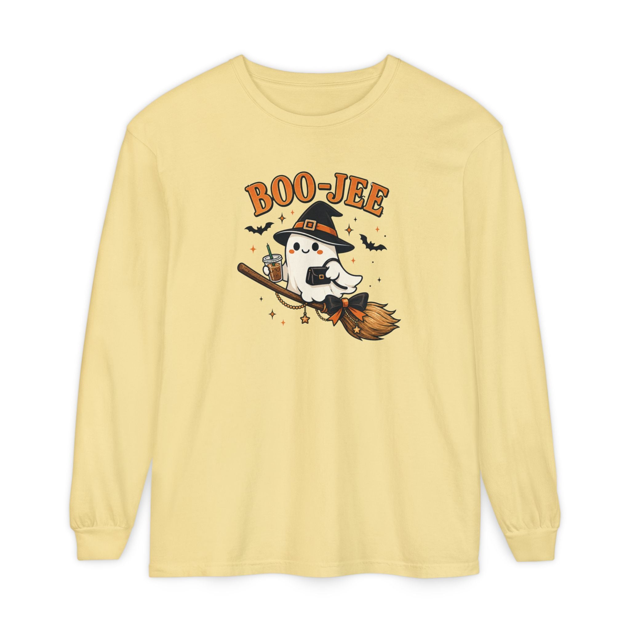 BOO-JEE Ghost Shirt | Cute Witch Ghost Riding Broom Coffee Halloween Graphic Tee | Spooky Season Comfort Colors T-Shirt