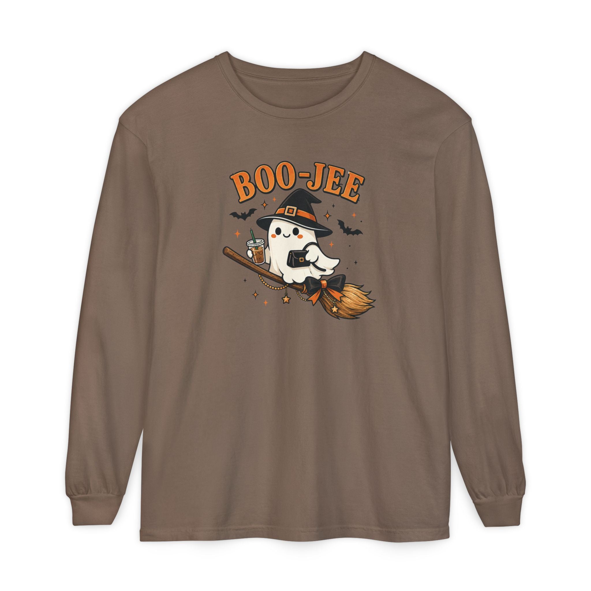 BOO-JEE Ghost Shirt | Cute Witch Ghost Riding Broom Coffee Halloween Graphic Tee | Spooky Season Comfort Colors T-Shirt