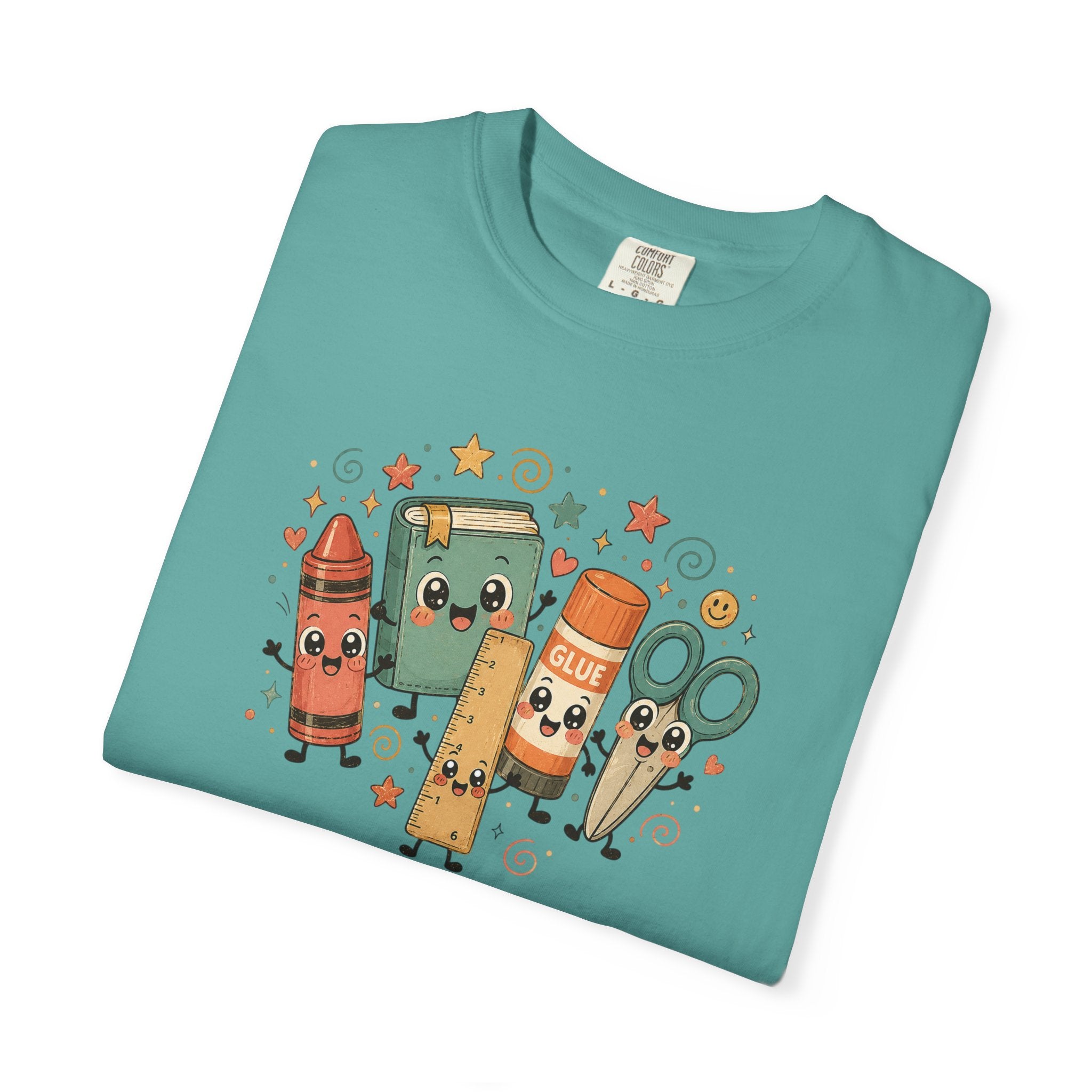 Cute Teacher Doodle Shirt | Kawaii School Supplies Tee | Happy Crayon Book Glue Scissors | Back to School Teacher Gift | Classroom Graphic Tee