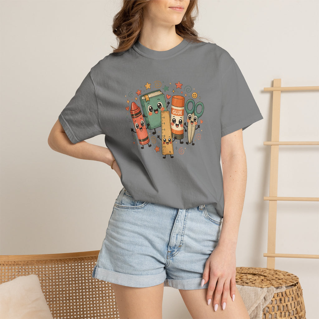 Cute Teacher Doodle Shirt | Kawaii School Supplies Tee | Happy Crayon Book Glue Scissors | Back to School Teacher Gift | Classroom Graphic Tee