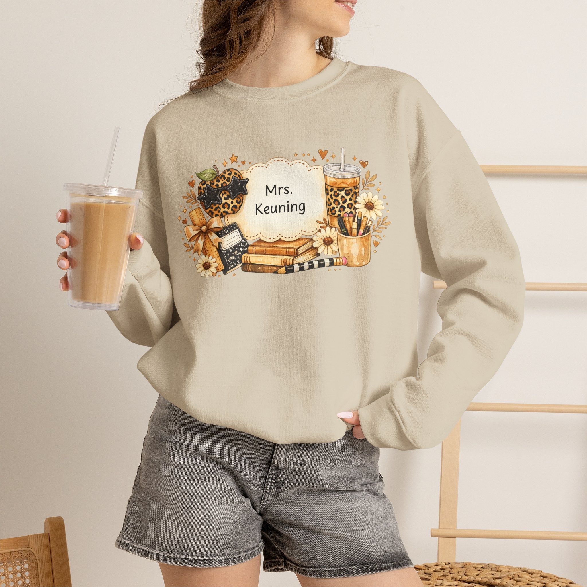 Personalized Teacher Sweatshirt | Custom Teacher Name Crewneck | Leopard Apple & Coffee Teacher Sweatshirt | Back to School Teacher Gift