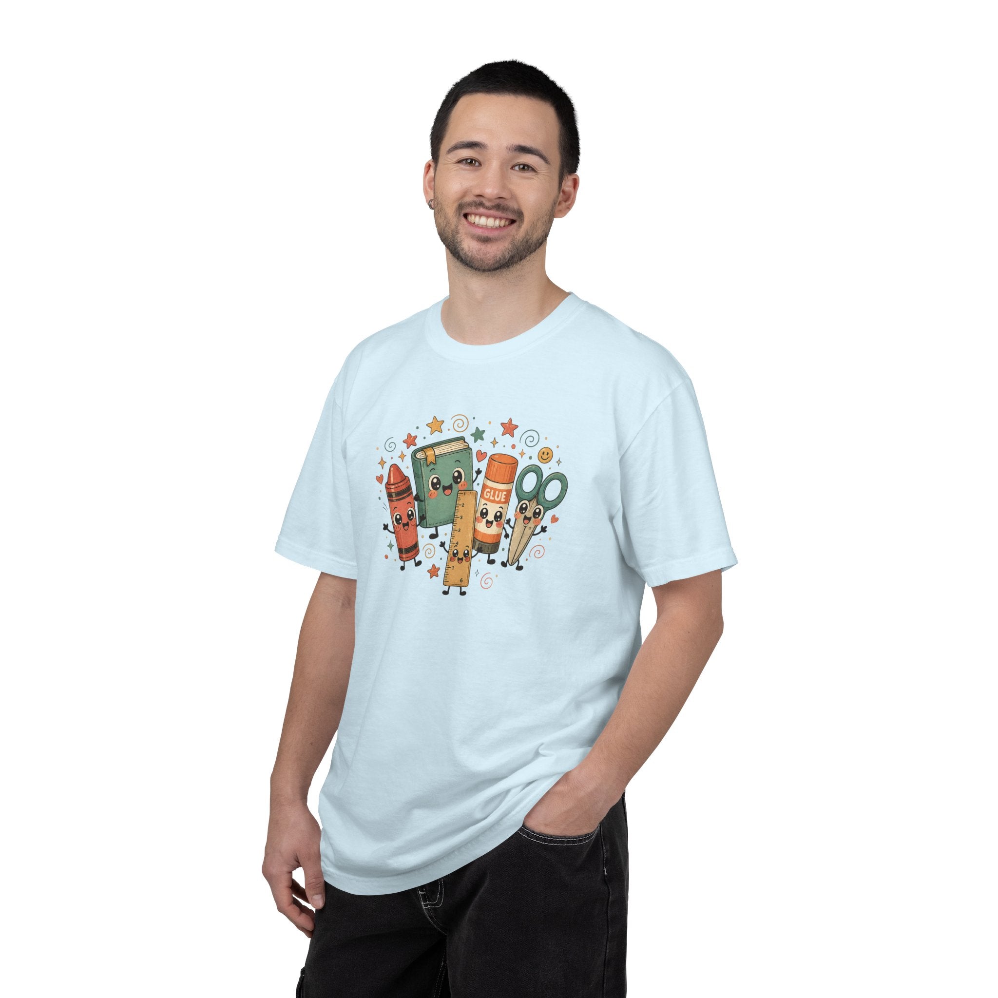 Cute Teacher Doodle Shirt | Kawaii School Supplies Tee | Happy Crayon Book Glue Scissors | Back to School Teacher Gift | Classroom Graphic Tee
