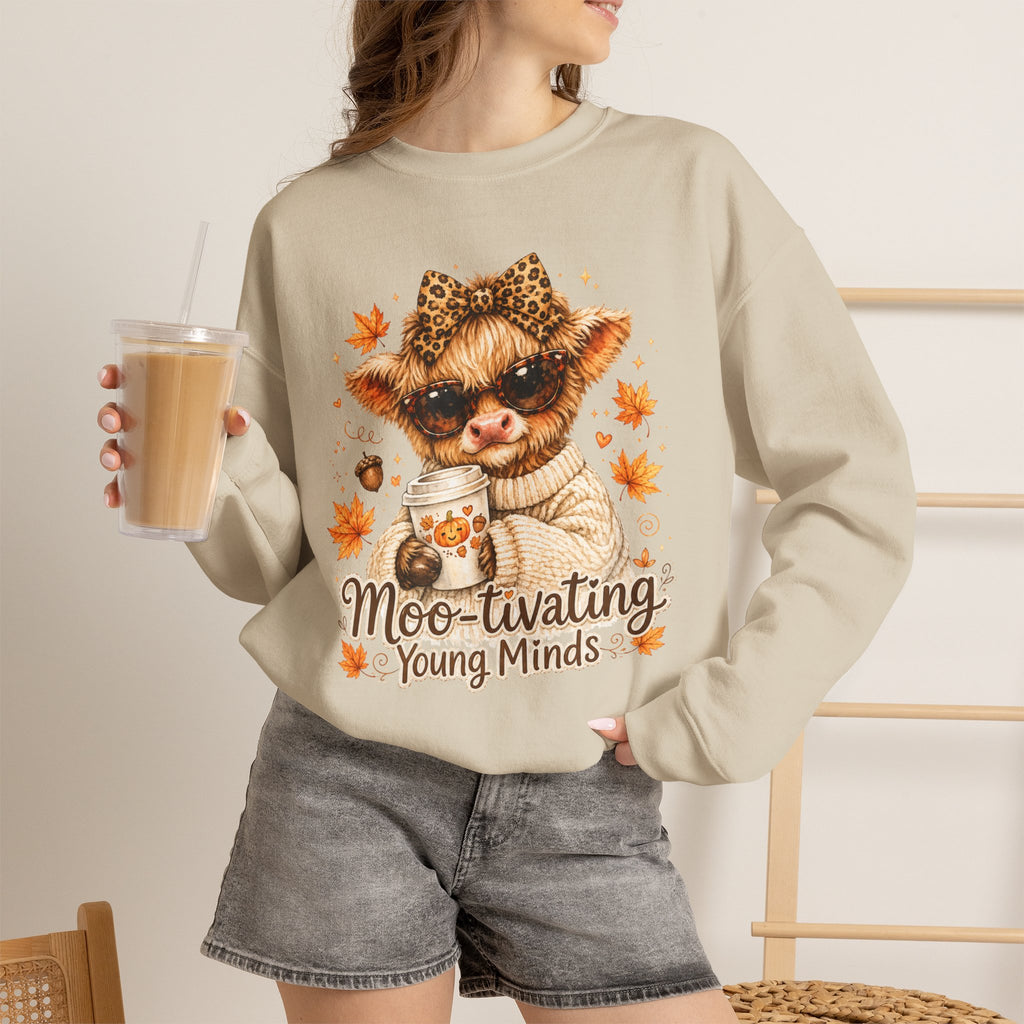 Moo-tivating Young Minds Sweatshirt | Cute Highland Cow Teacher Crewneck