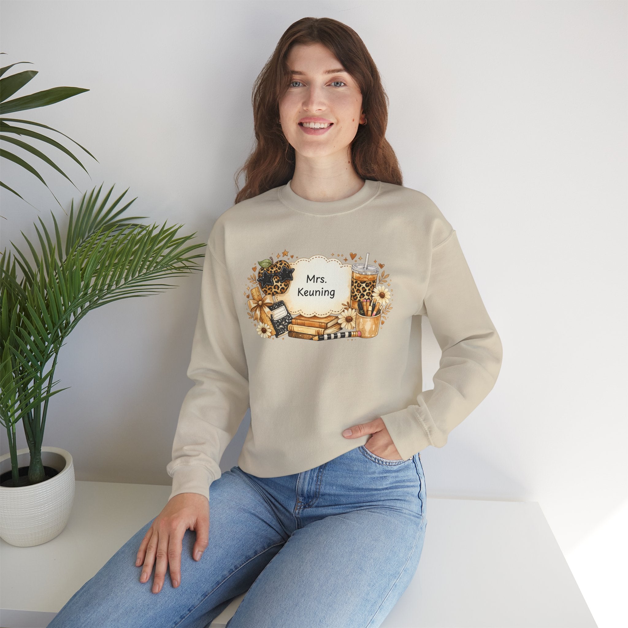 Personalized Teacher Sweatshirt | Custom Teacher Name Crewneck | Leopard Apple & Coffee Teacher Sweatshirt | Back to School Teacher Gift