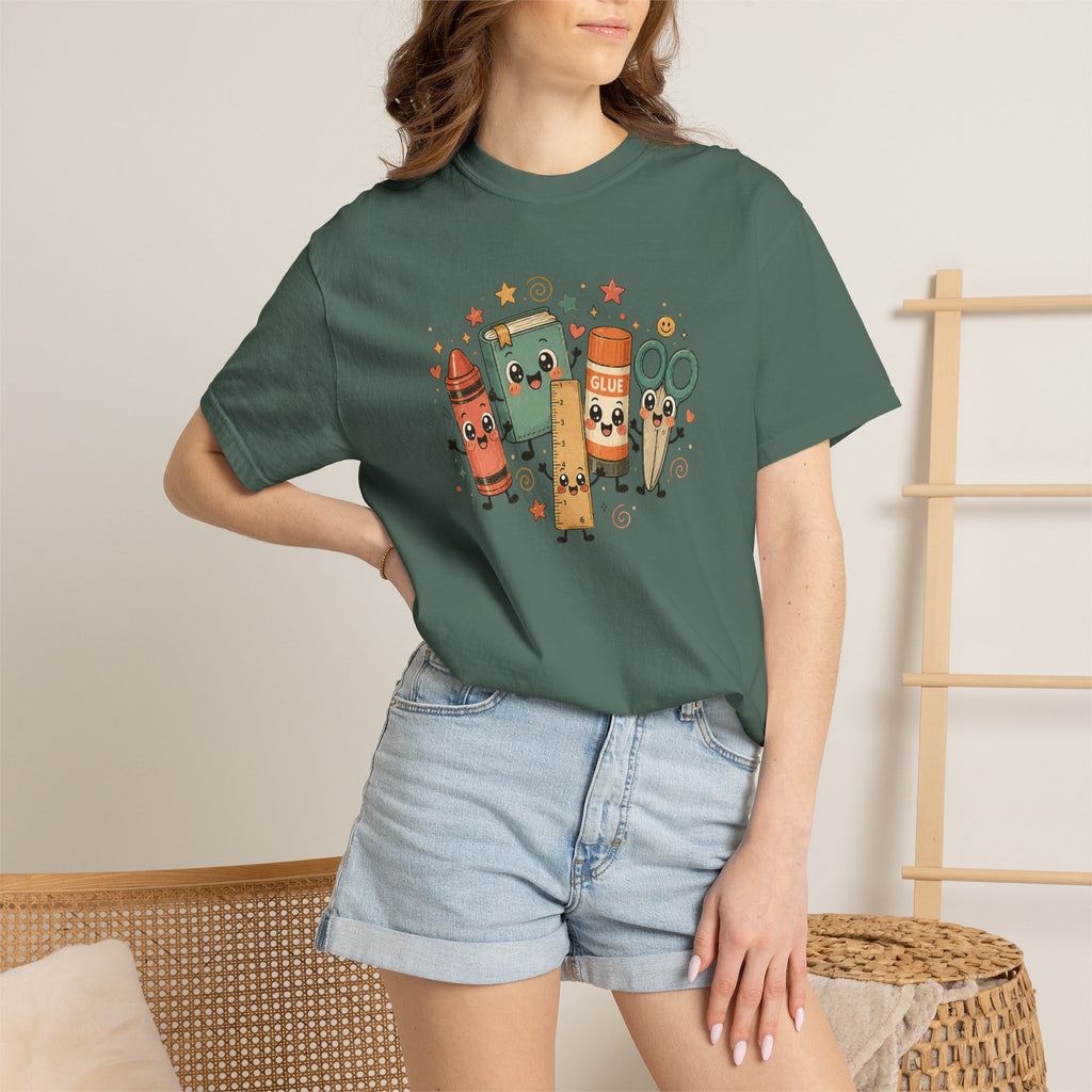 Cute Teacher Doodle Shirt | Kawaii School Supplies Tee | Happy Crayon Book Glue Scissors | Back to School Teacher Gift | Classroom Graphic Tee
