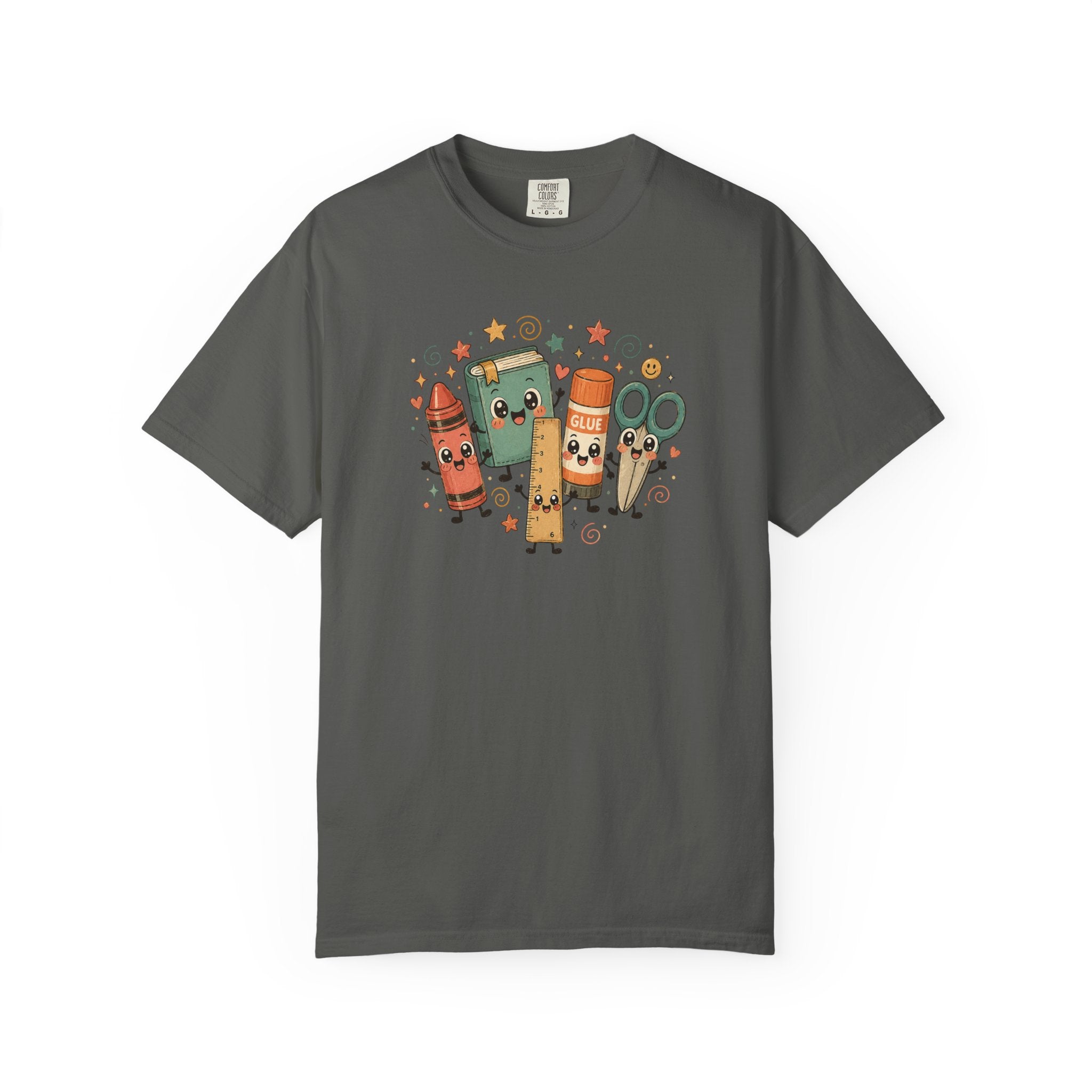 Cute Teacher Doodle Shirt | Kawaii School Supplies Tee | Happy Crayon Book Glue Scissors | Back to School Teacher Gift | Classroom Graphic Tee