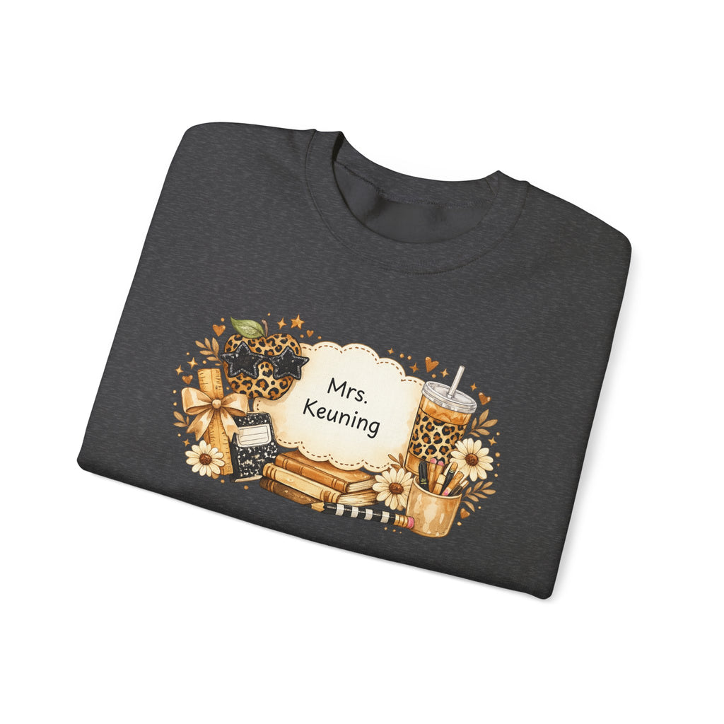 Personalized Teacher Sweatshirt | Custom Teacher Name Crewneck | Leopard Apple & Coffee Teacher Sweatshirt | Back to School Teacher Gift