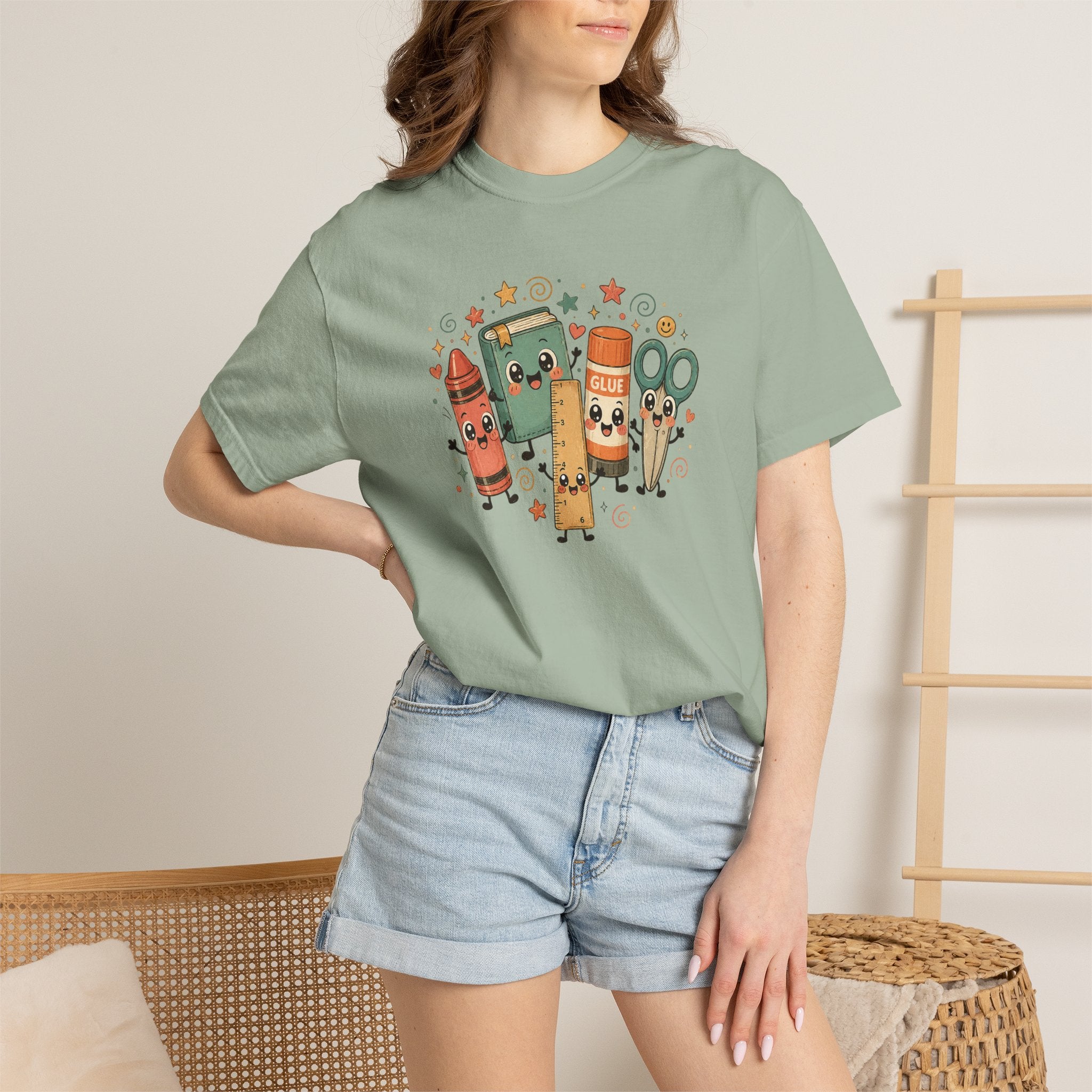 Cute Teacher Doodle Shirt | Kawaii School Supplies Tee | Happy Crayon Book Glue Scissors | Back to School Teacher Gift | Classroom Graphic Tee
