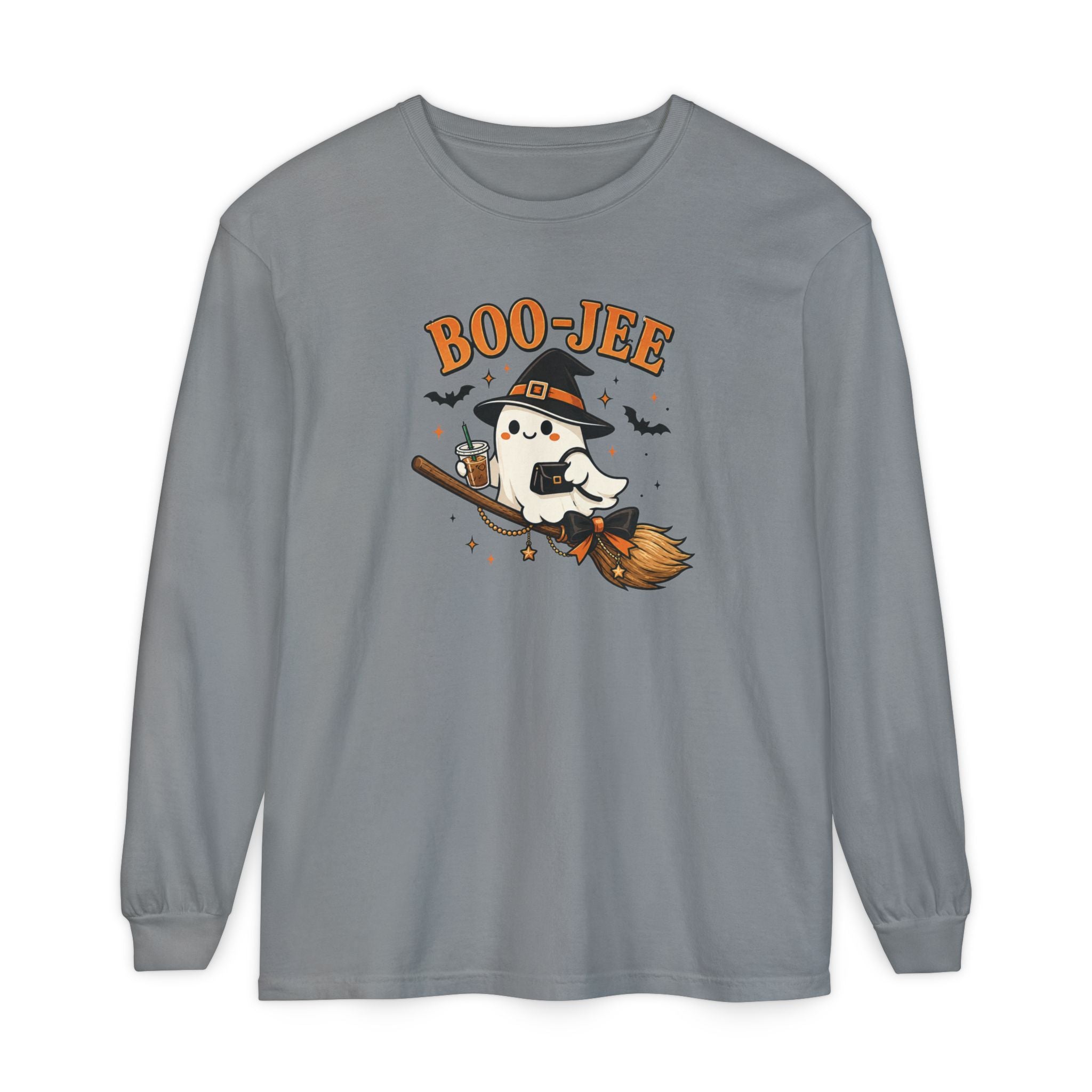 BOO-JEE Ghost Shirt | Cute Witch Ghost Riding Broom Coffee Halloween Graphic Tee | Spooky Season Comfort Colors T-Shirt