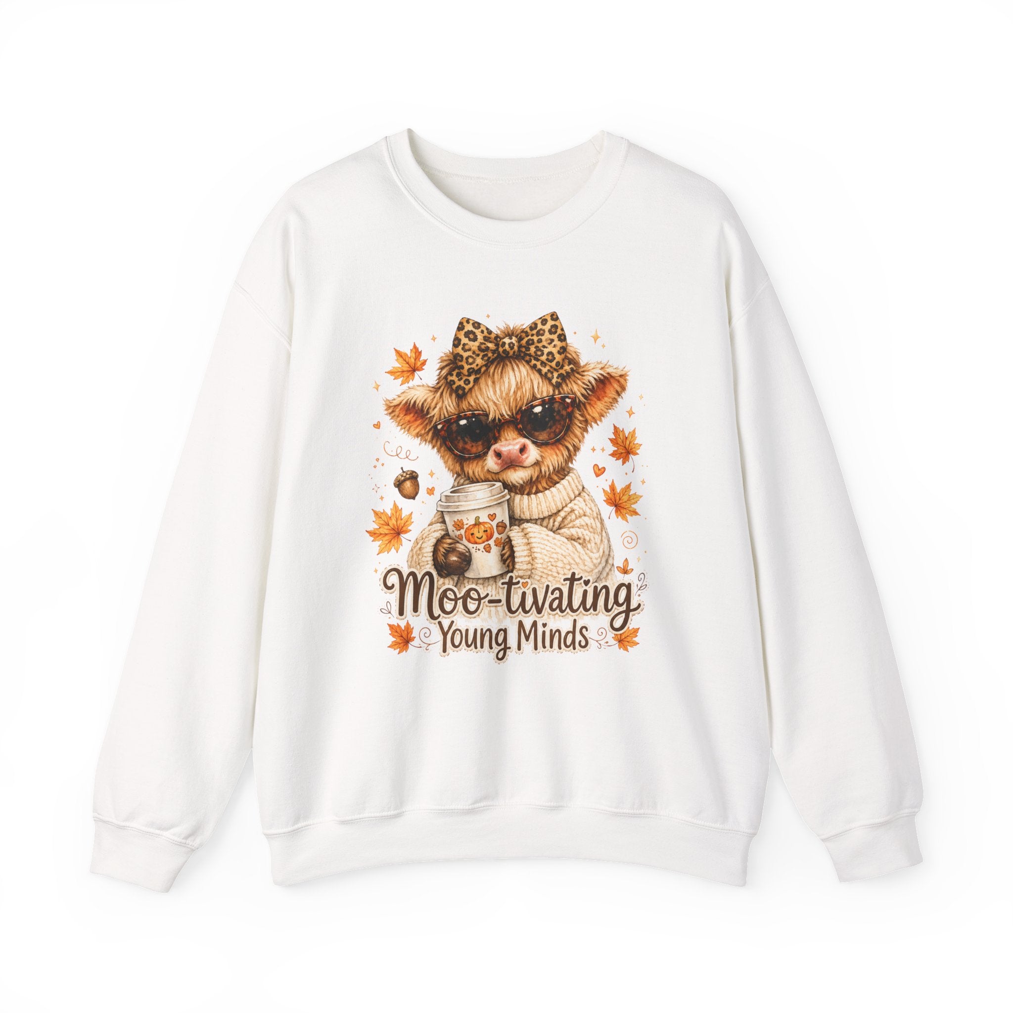 Moo-tivating Young Minds Sweatshirt | Cute Highland Cow Teacher Crewneck