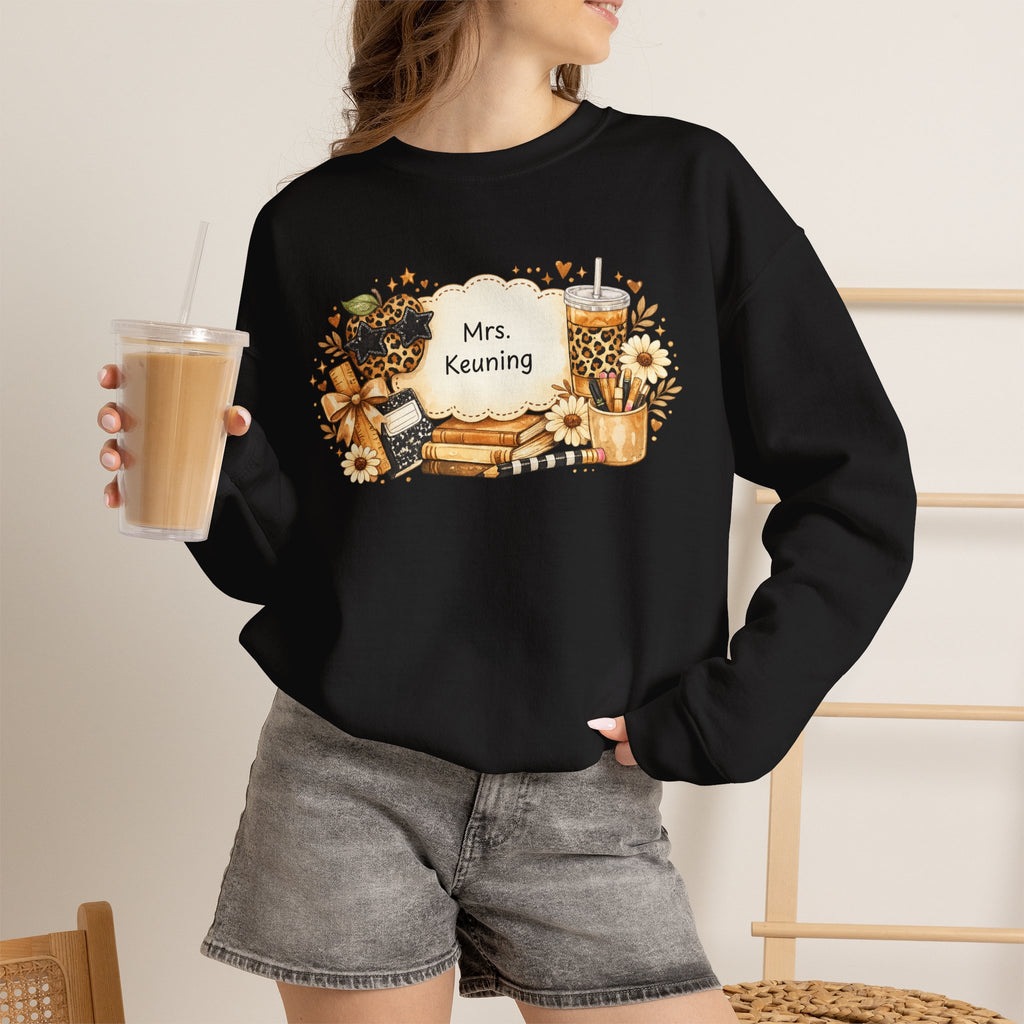 Personalized Teacher Sweatshirt | Custom Teacher Name Crewneck | Leopard Apple & Coffee Teacher Sweatshirt | Back to School Teacher Gift