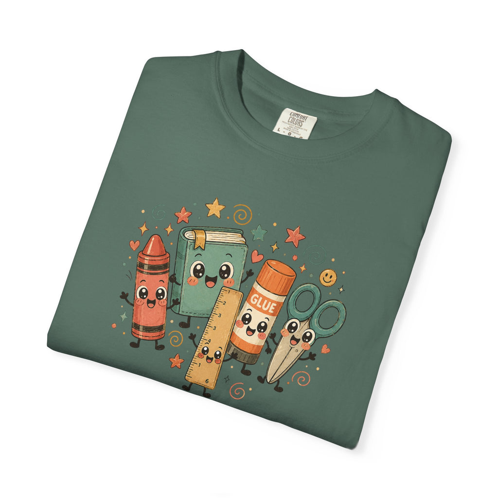 Cute Teacher Doodle Shirt | Kawaii School Supplies Tee | Happy Crayon Book Glue Scissors | Back to School Teacher Gift | Classroom Graphic Tee