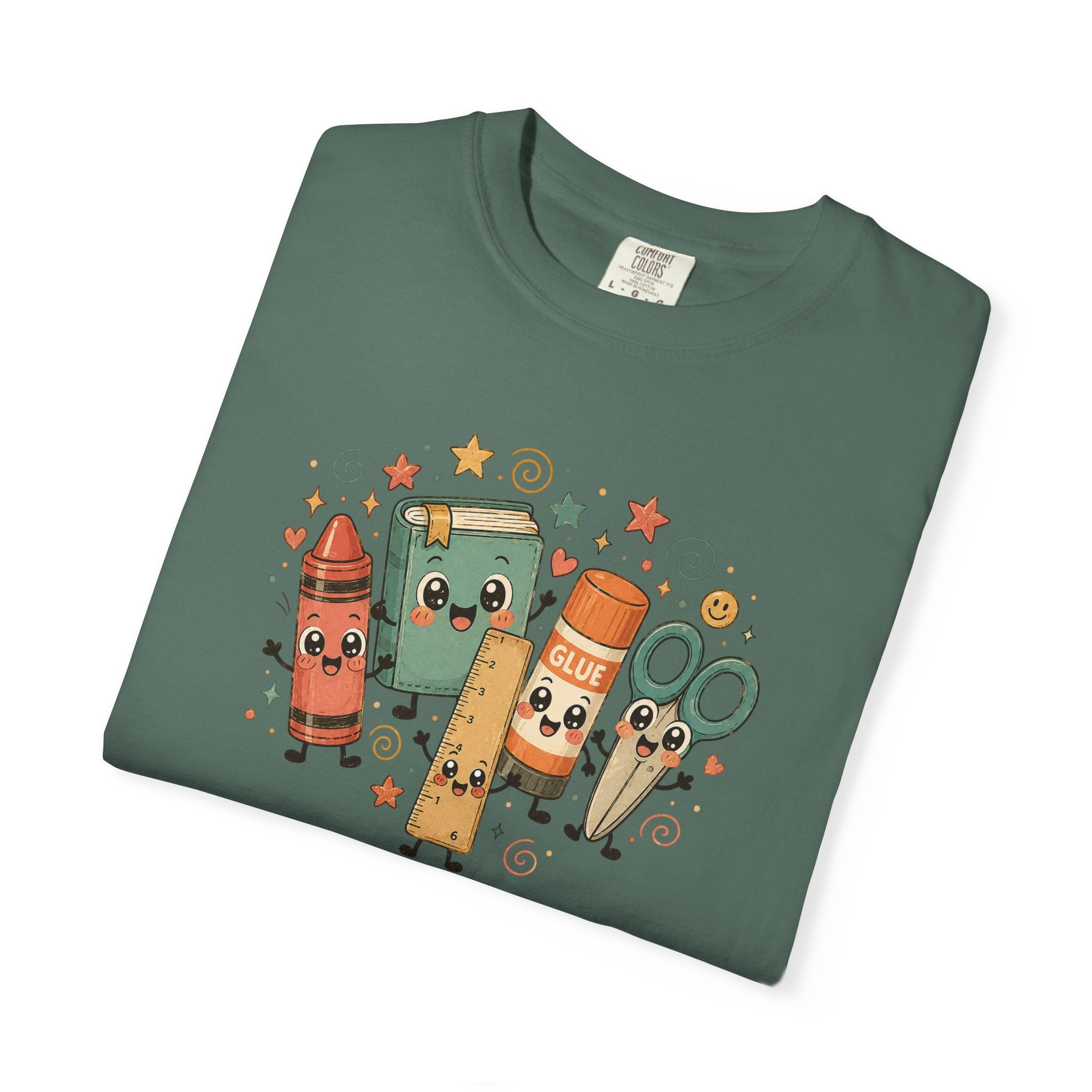 Cute Teacher Doodle Shirt | Kawaii School Supplies Tee | Happy Crayon Book Glue Scissors | Back to School Teacher Gift | Classroom Graphic Tee